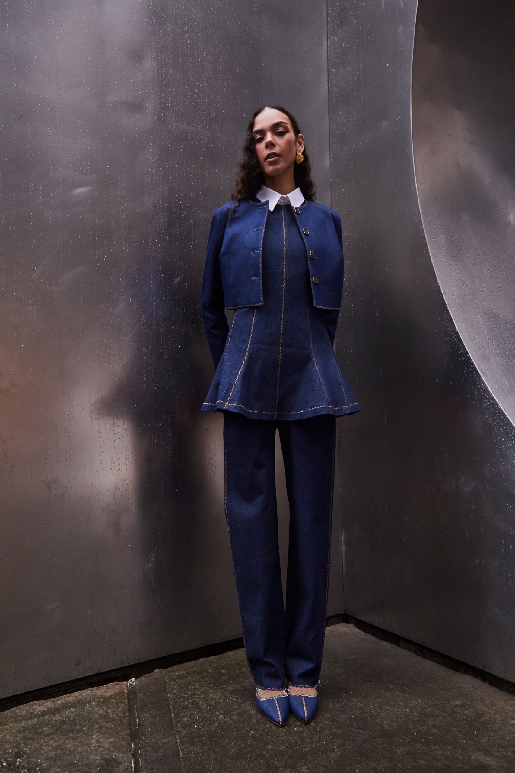blue denim long-sleeve collared structured buttoned jacket
