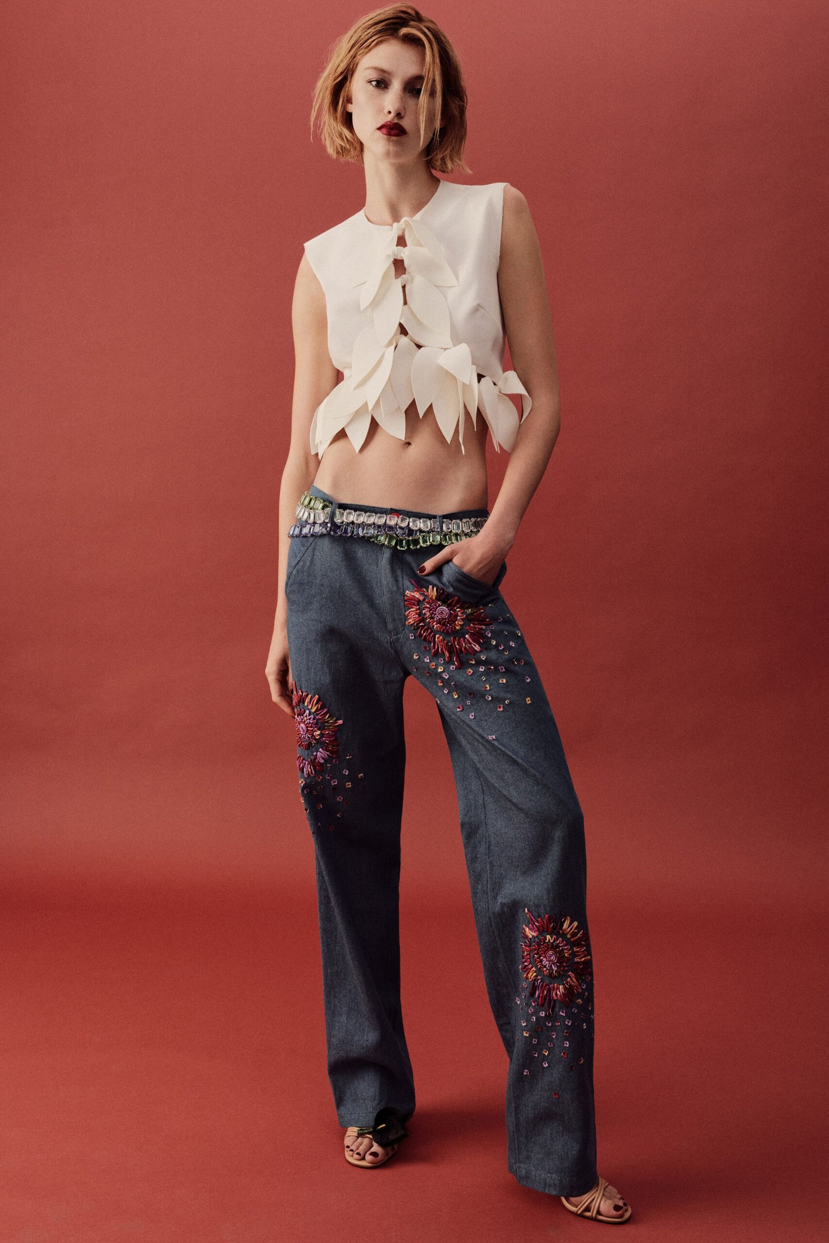 blue denim relaxed embroidered pants