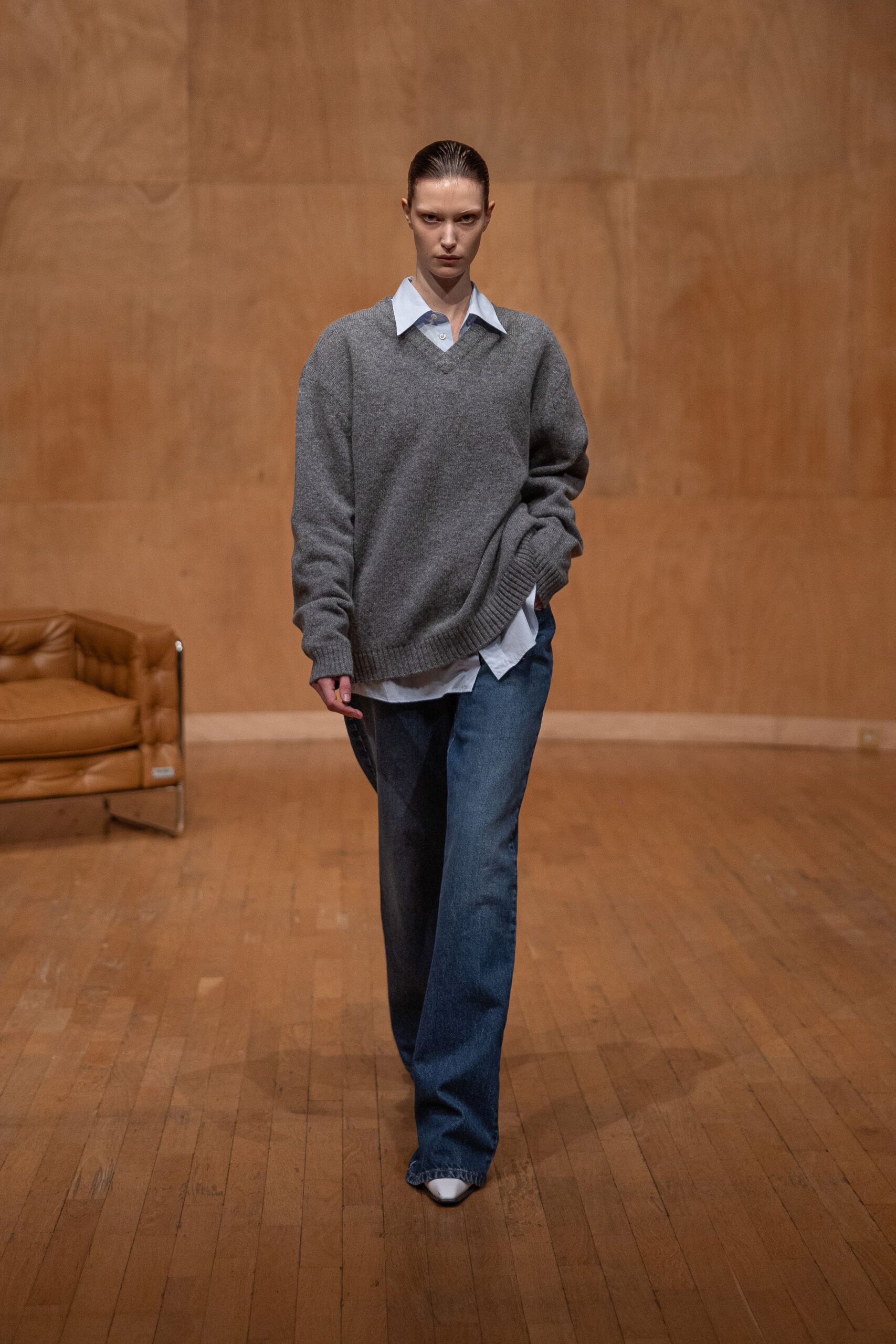 gray wool long-sleeve collared oversized sweater