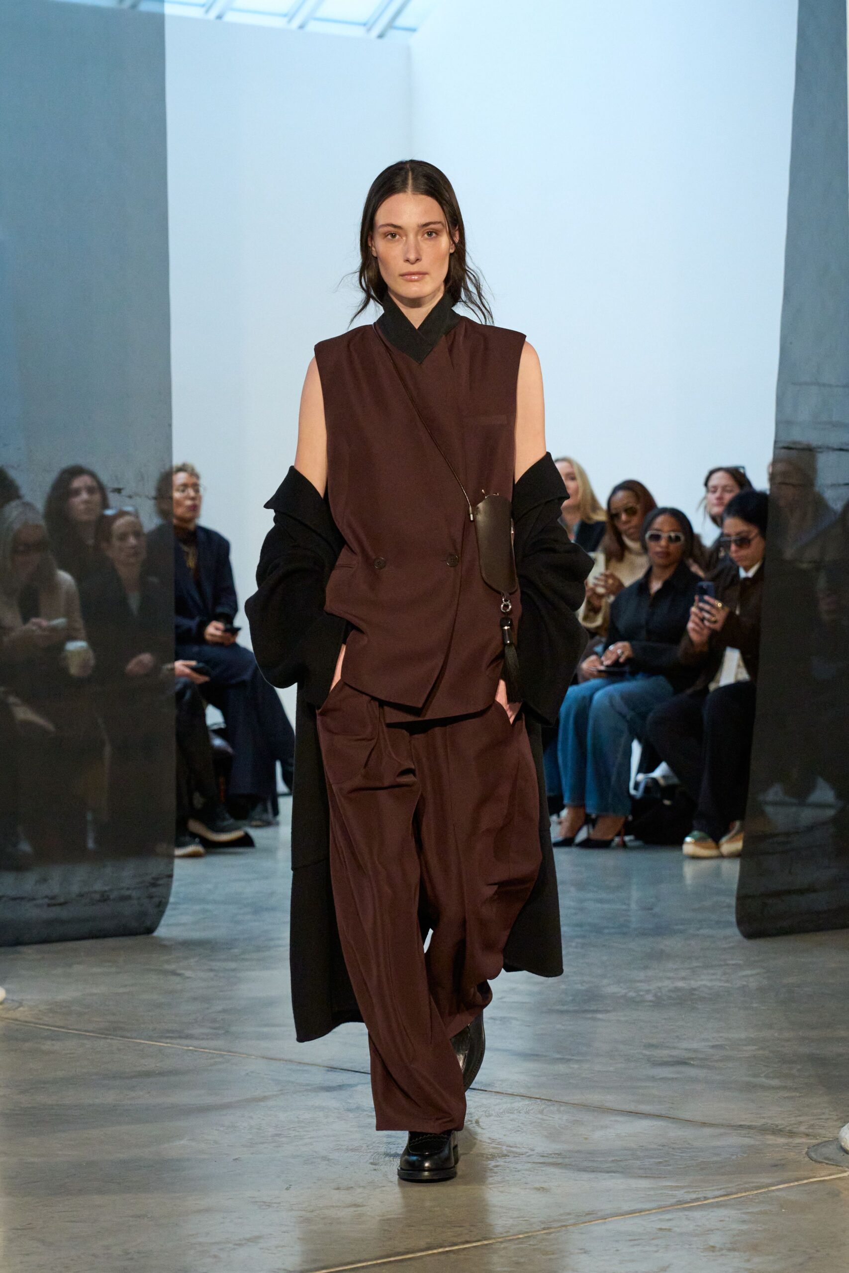 brown relaxed pants with black top