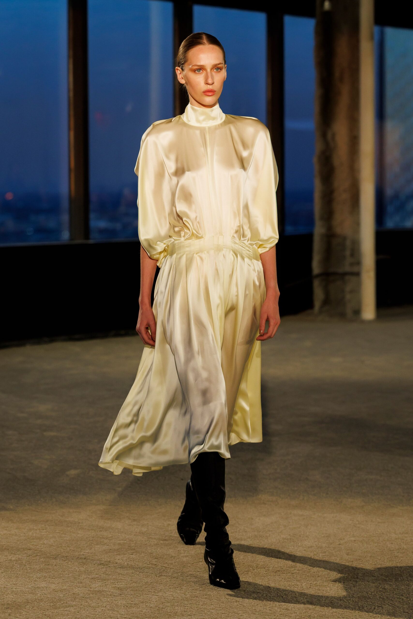 ivory silk long-sleeve high-neck relaxed draped flowing dress