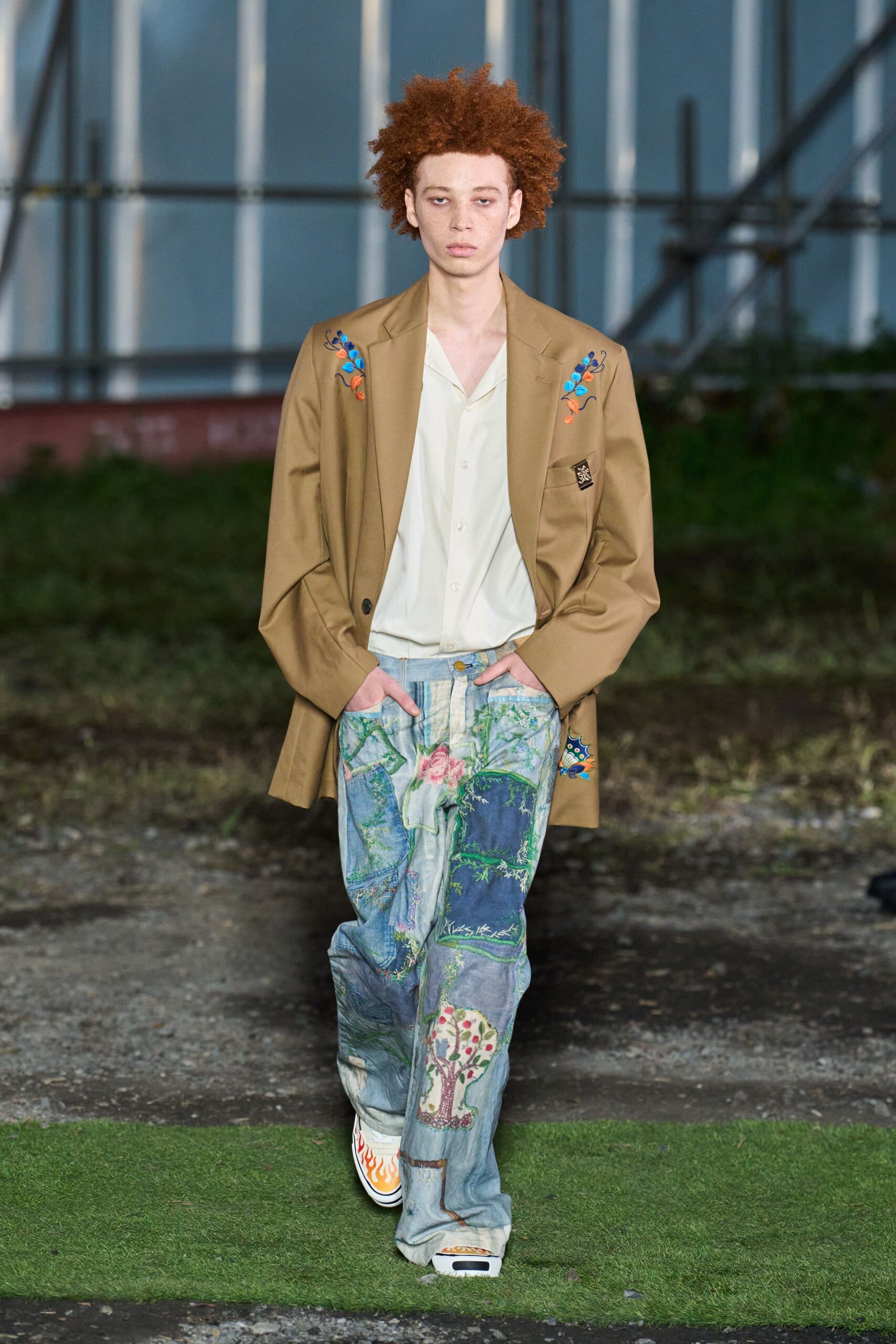 blue denim relaxed embroidered pants
