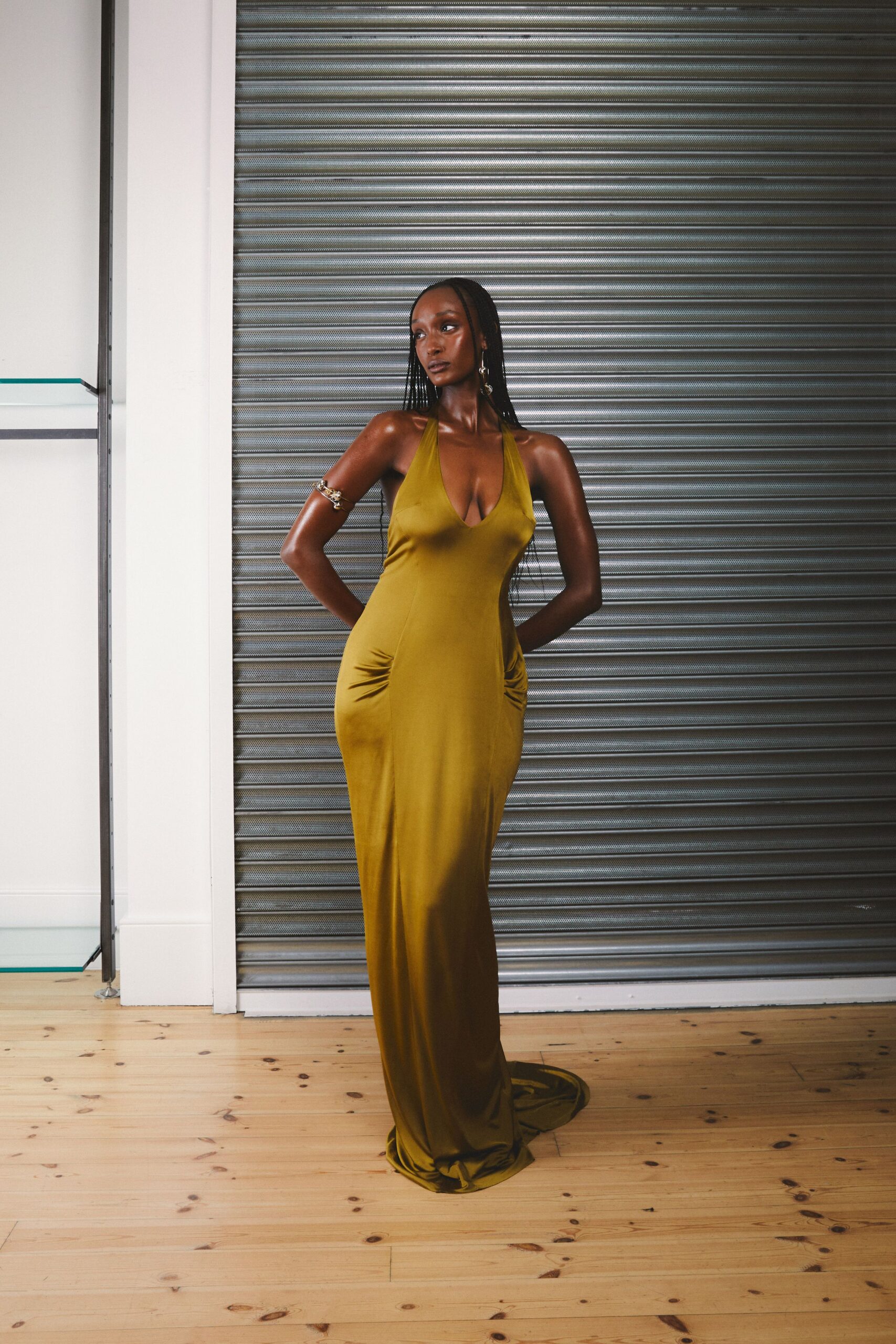 fitted green silk gown