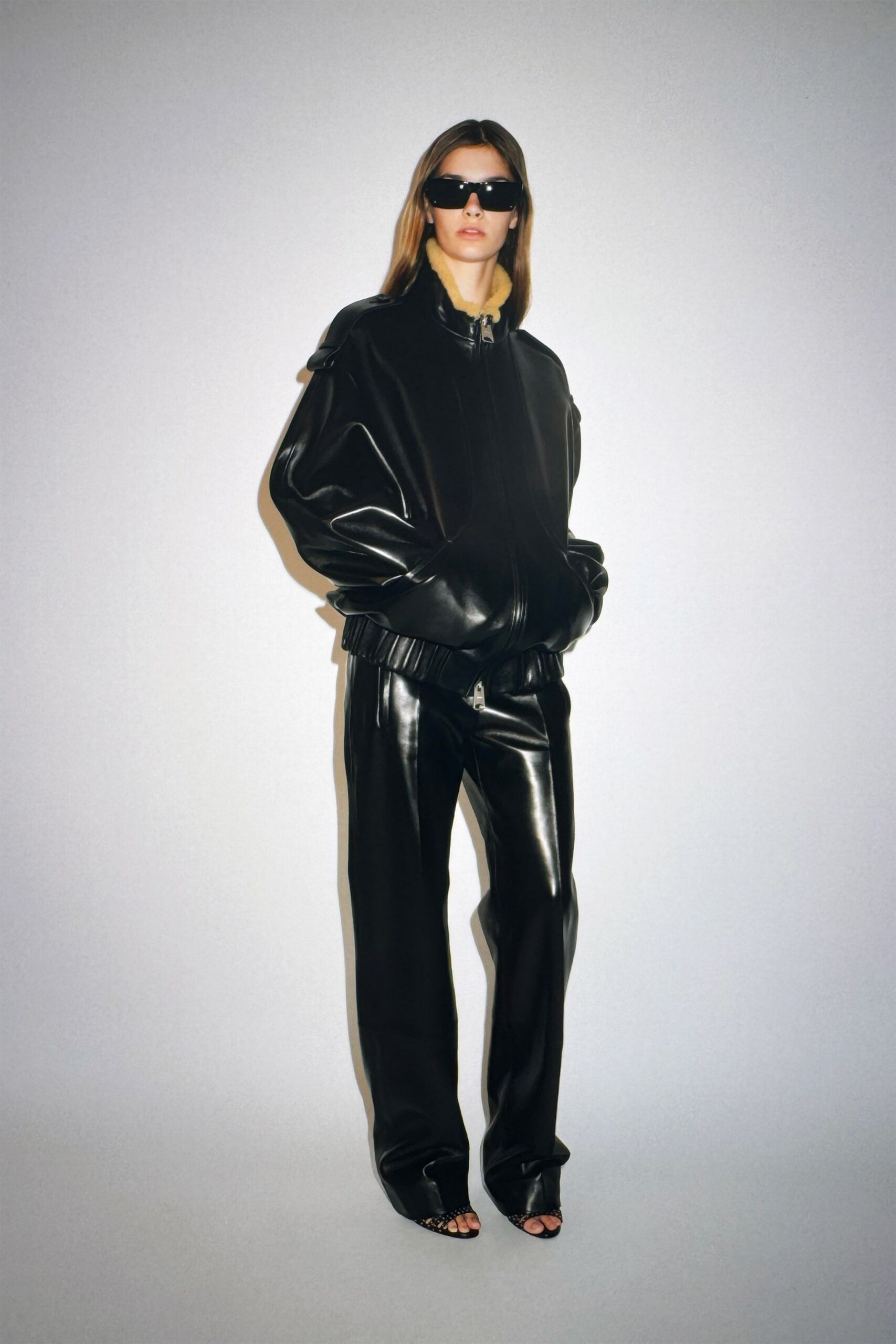 black leather oversized jacket and pants