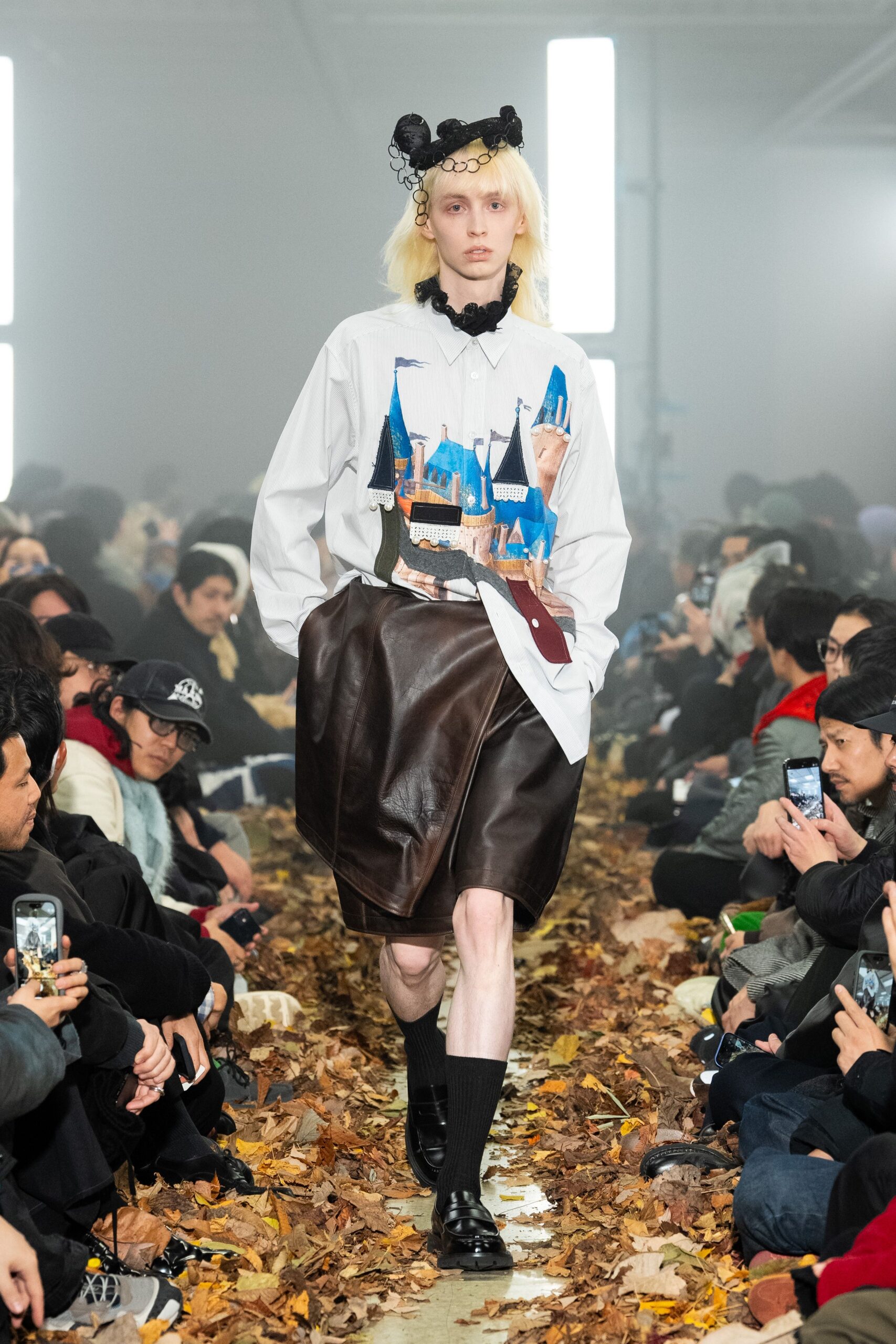 white cotton shirt brown leather skirt