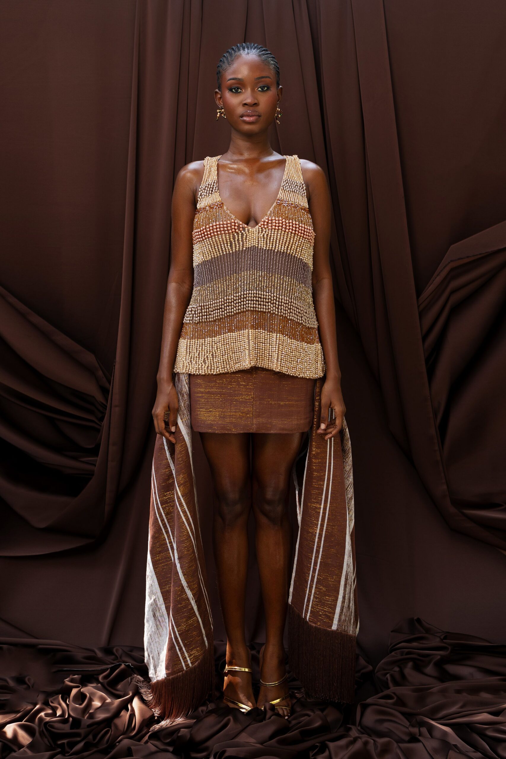 brown gold silk top and mini skirt