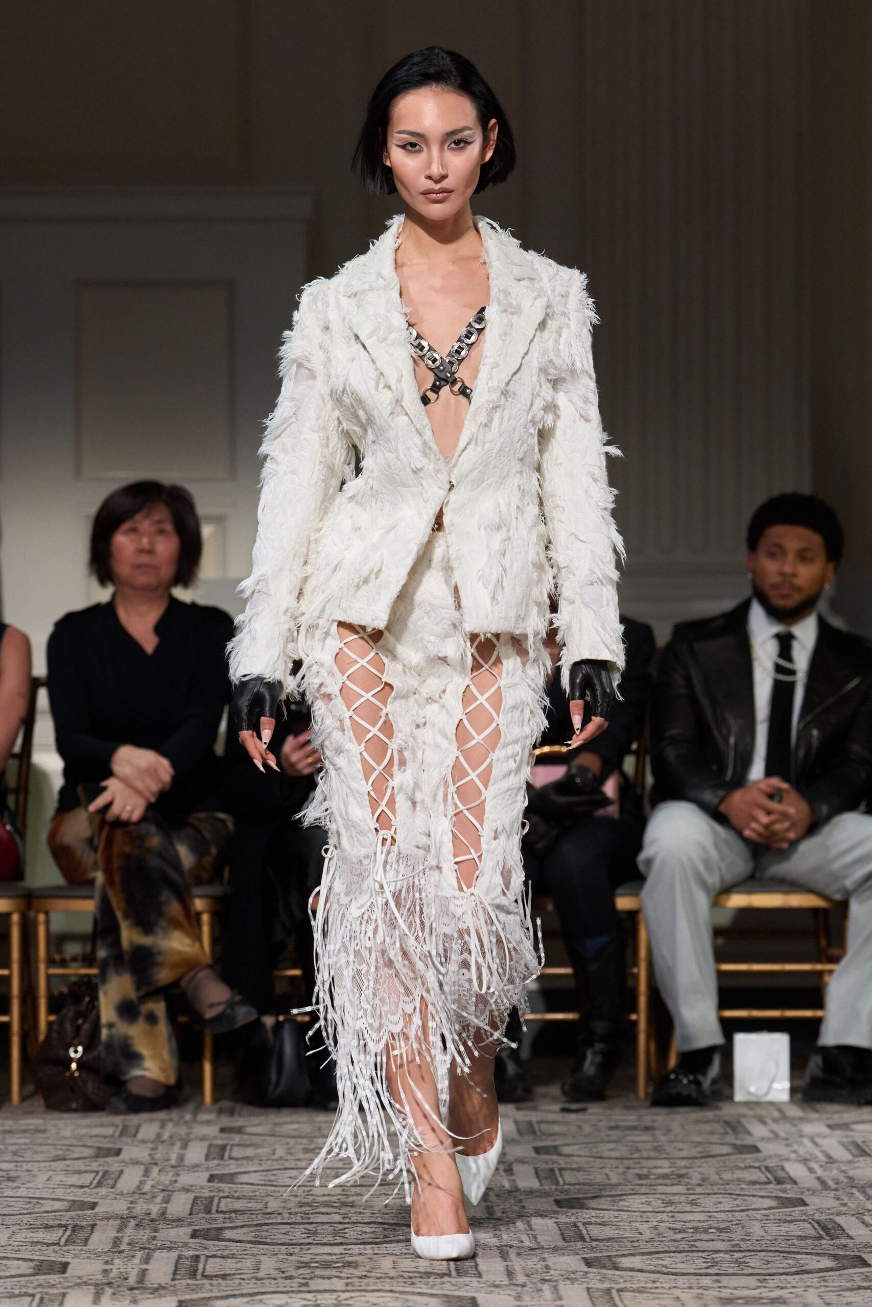 white fur fitted fringed skirt