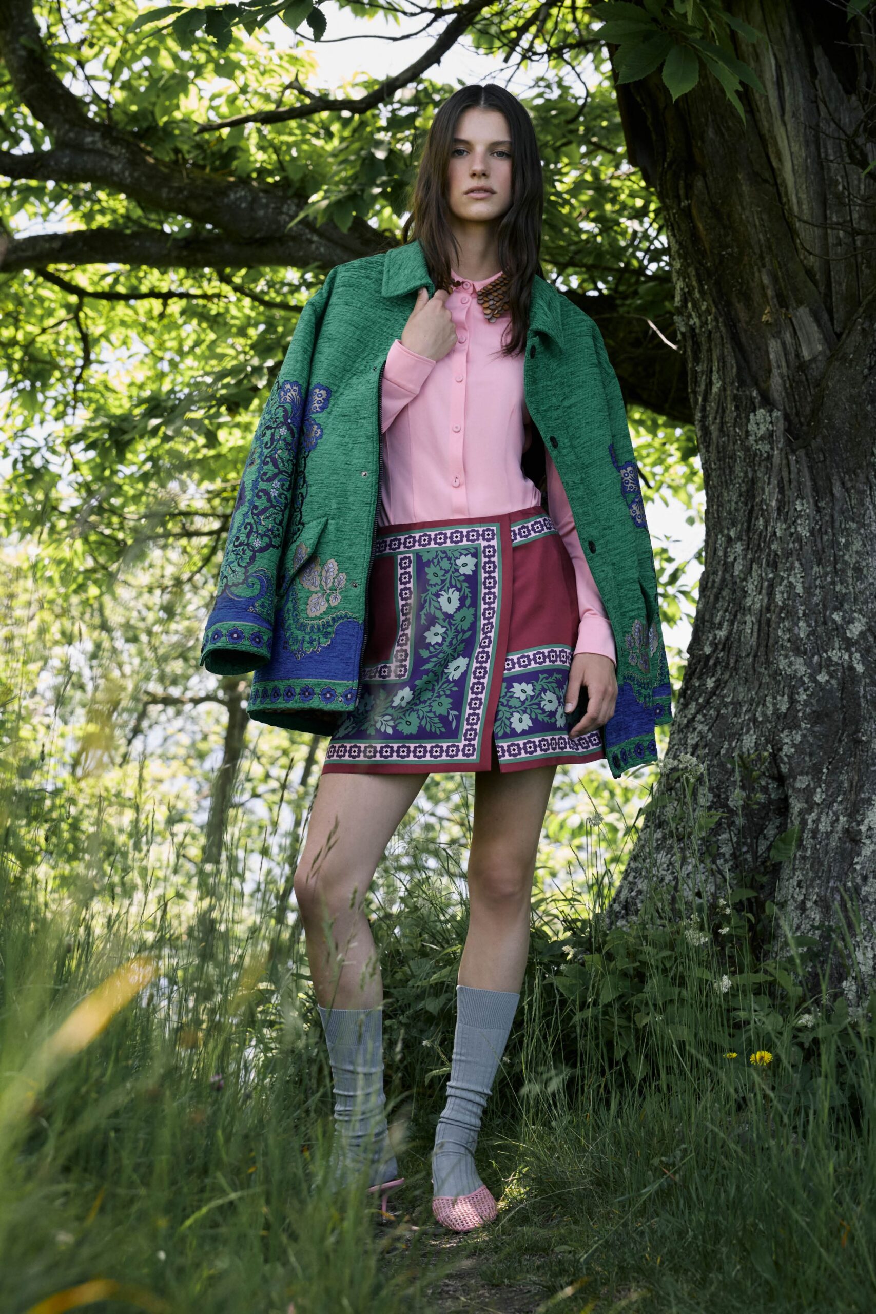 green cotton long-sleeve relaxed embroidered jacket