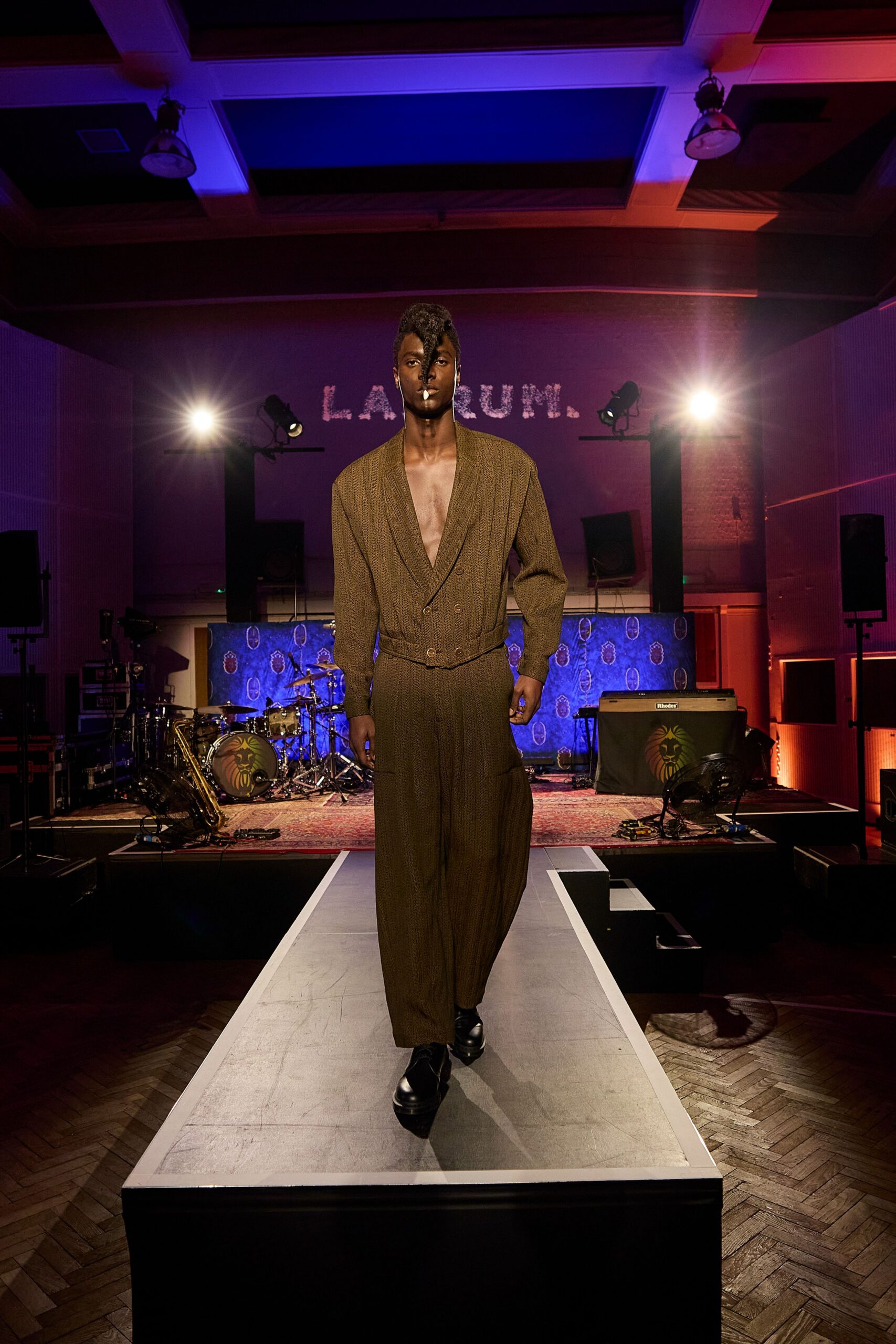 brown cotton long-sleeve v-neck relaxed pleated jumpsuit