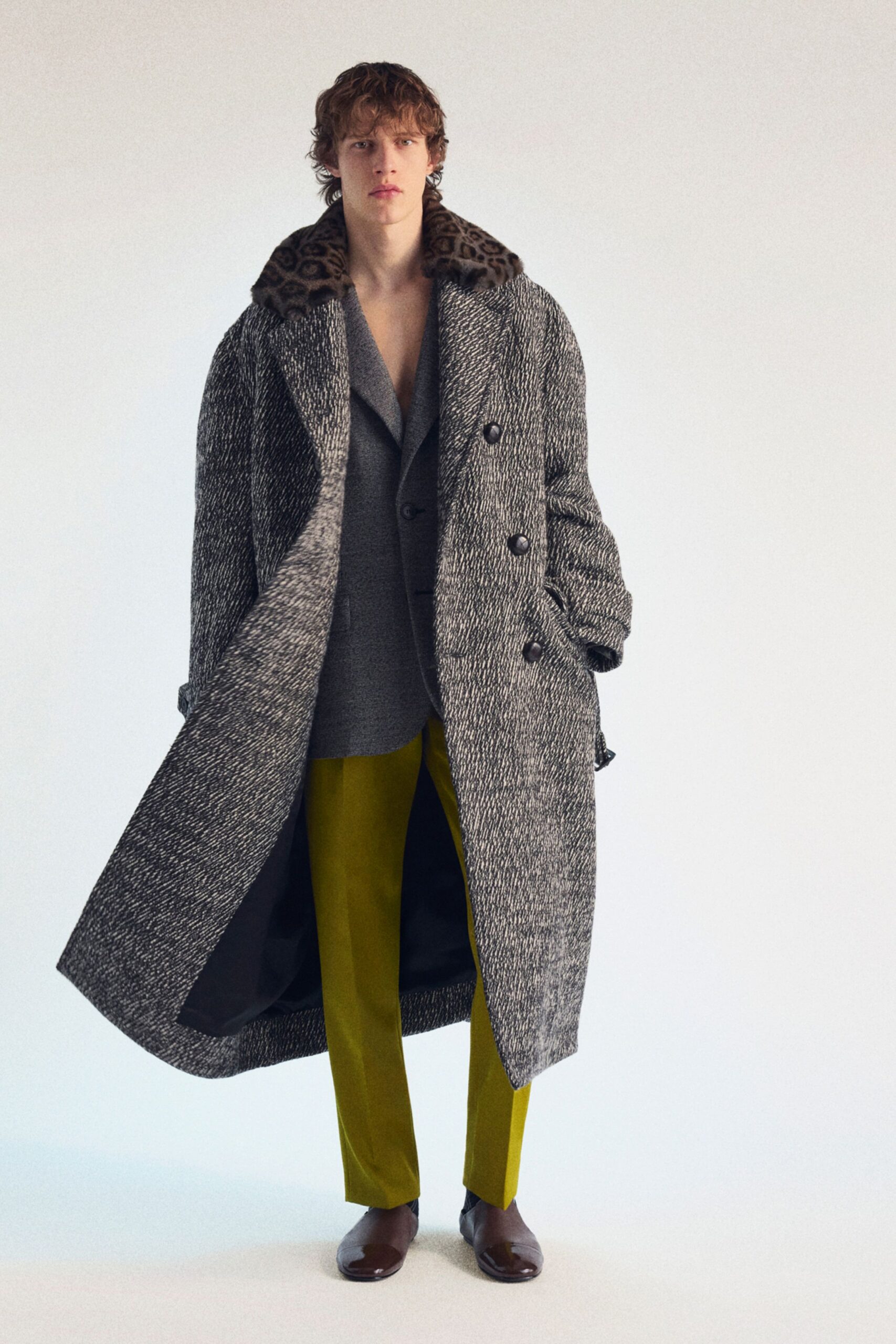 green wool tailored high-waisted straight-leg pants