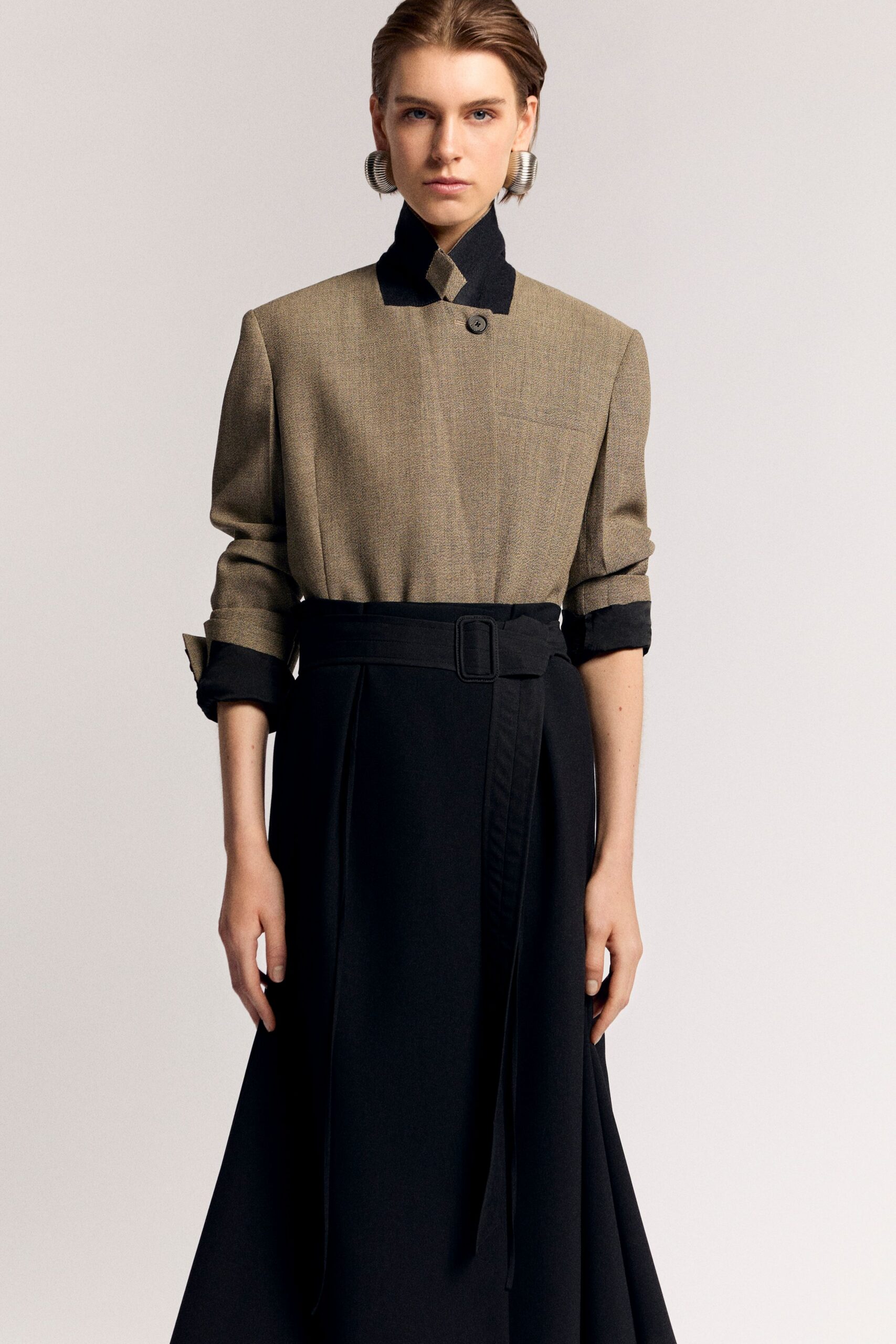 black wool fitted tiered belted maxi skirt