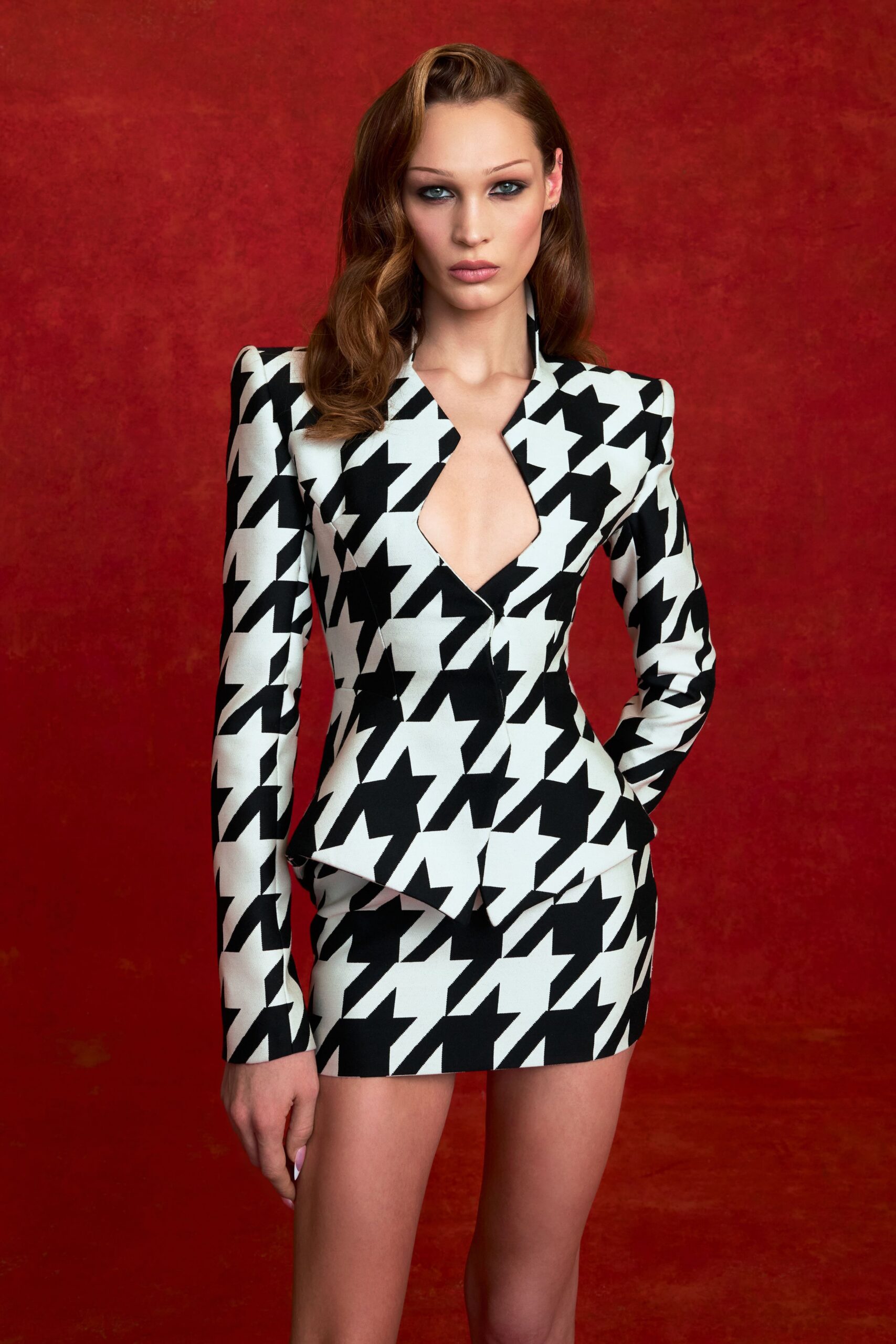 black and white printed blazer and skirt
