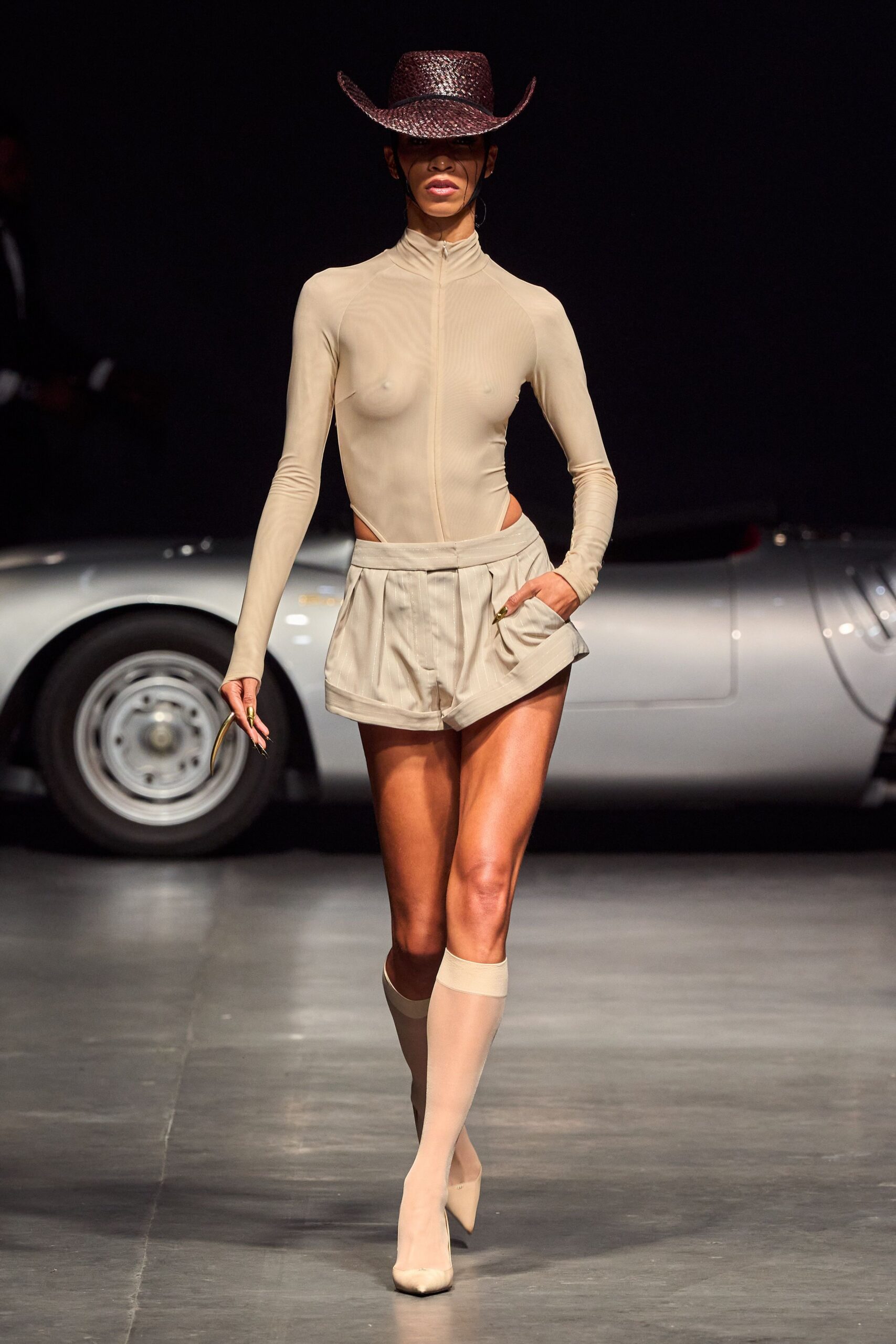 beige cotton long-sleeve high-neck fitted zippered bodysuit