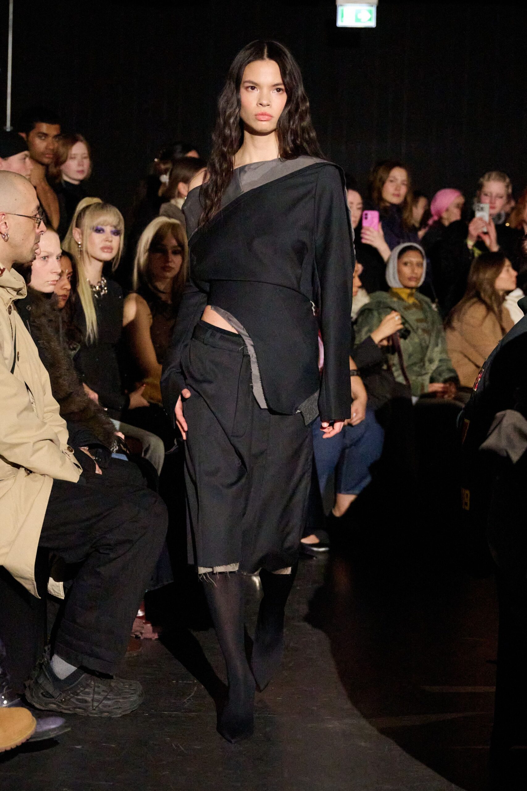 black relaxed top and fitted skirt