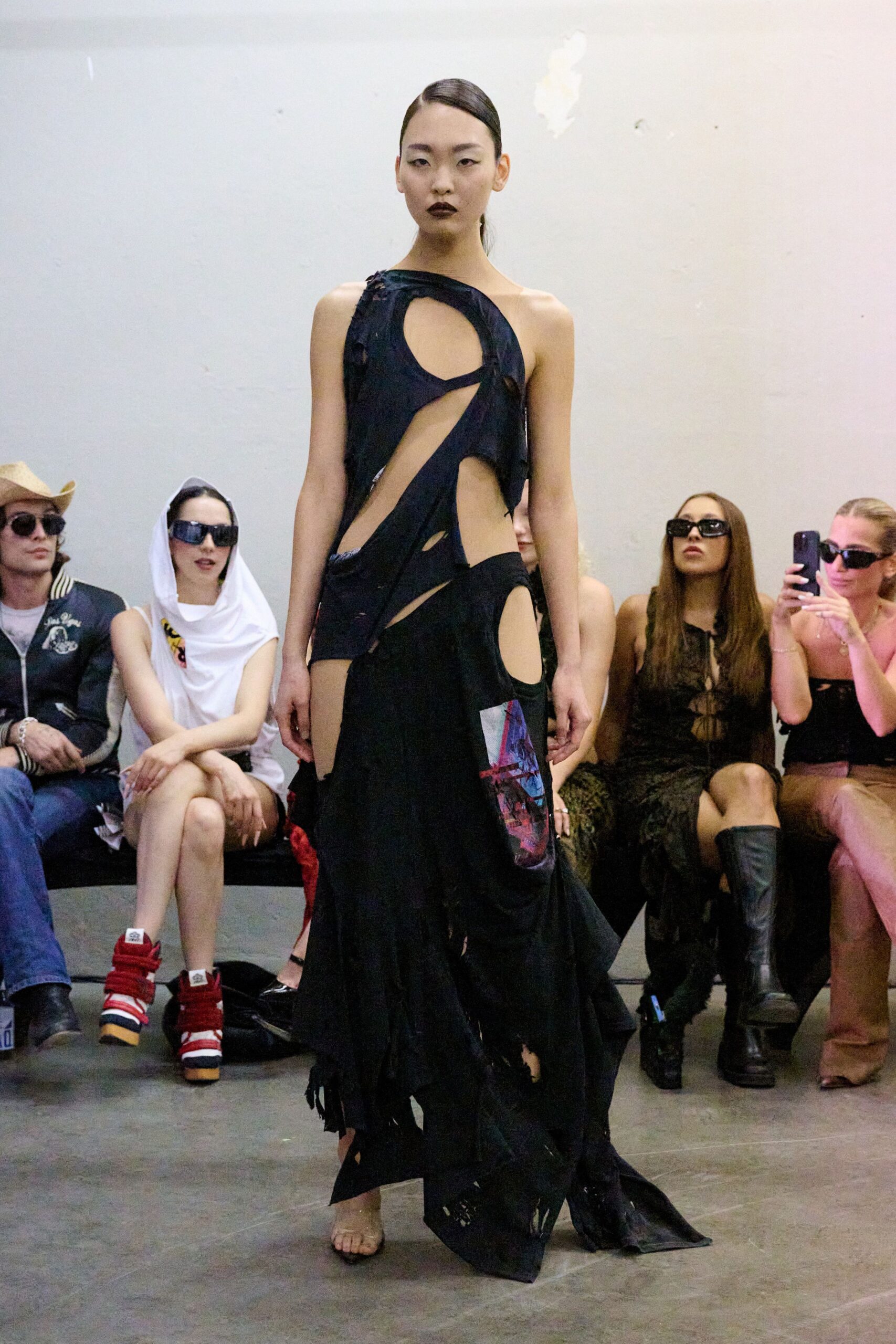 black cotton sleeveless v-neck fitted distressed maxi dress