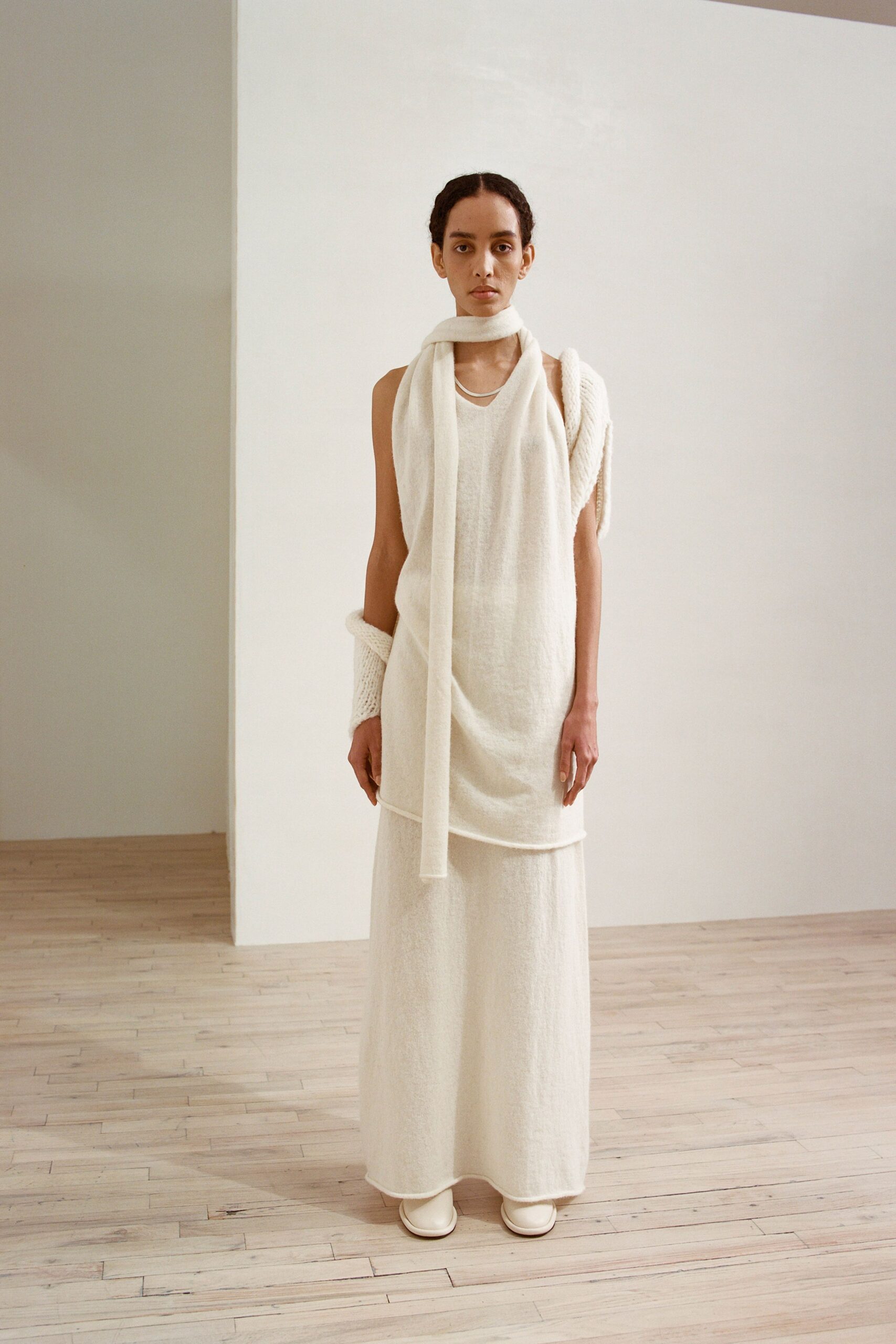 white relaxed top and maxi skirt