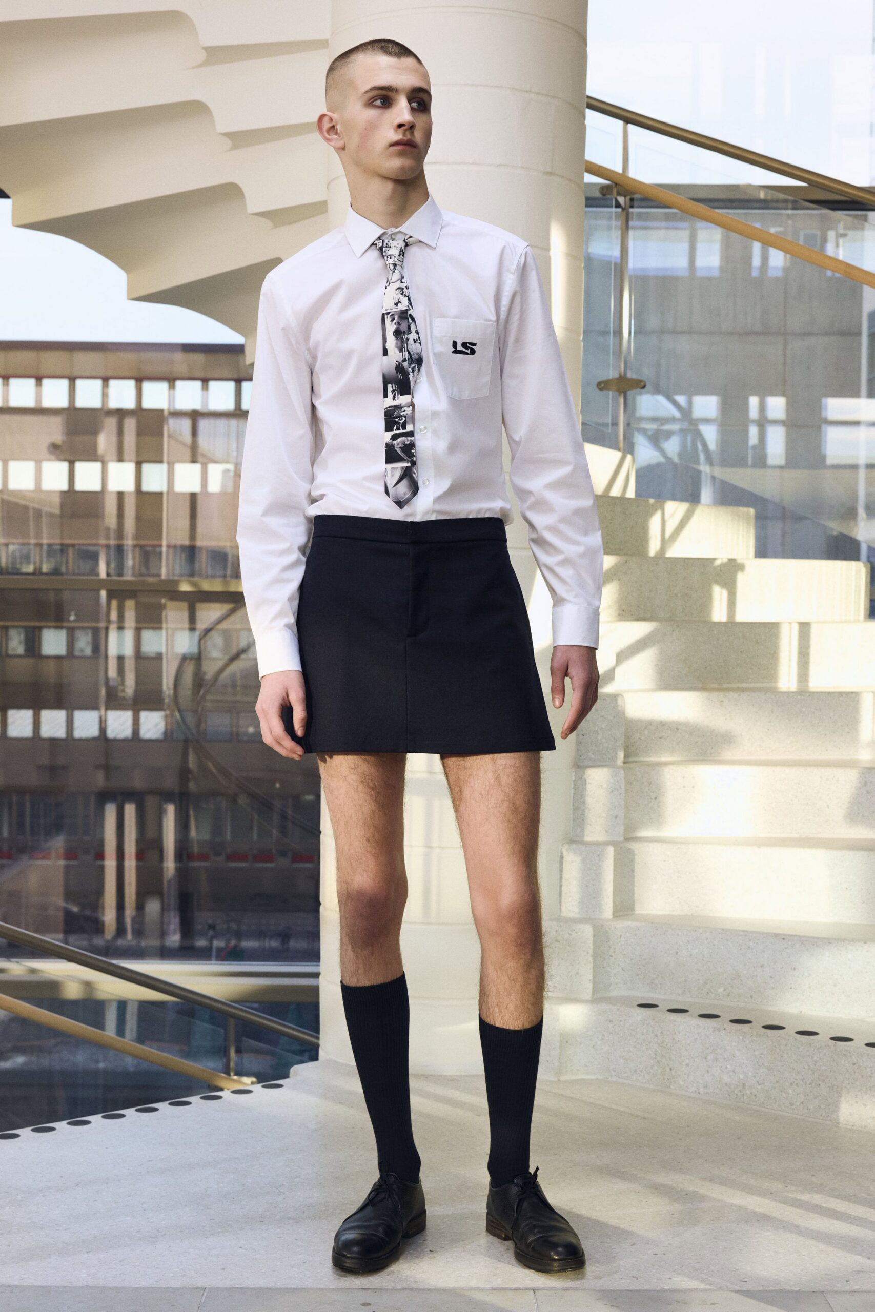 white fitted shirt with black skirt