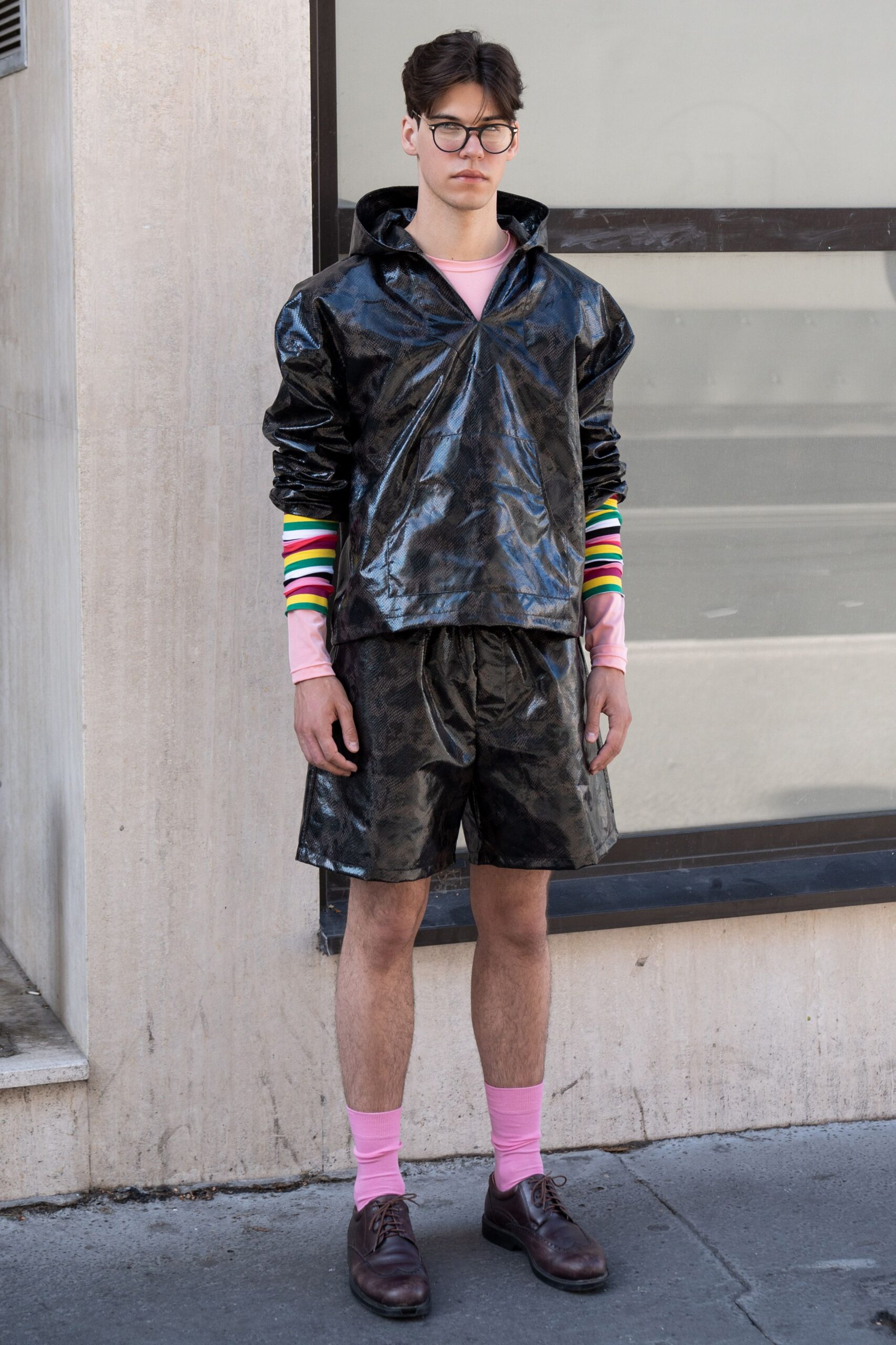 black vinyl long-sleeve hooded relaxed shiny hoodie