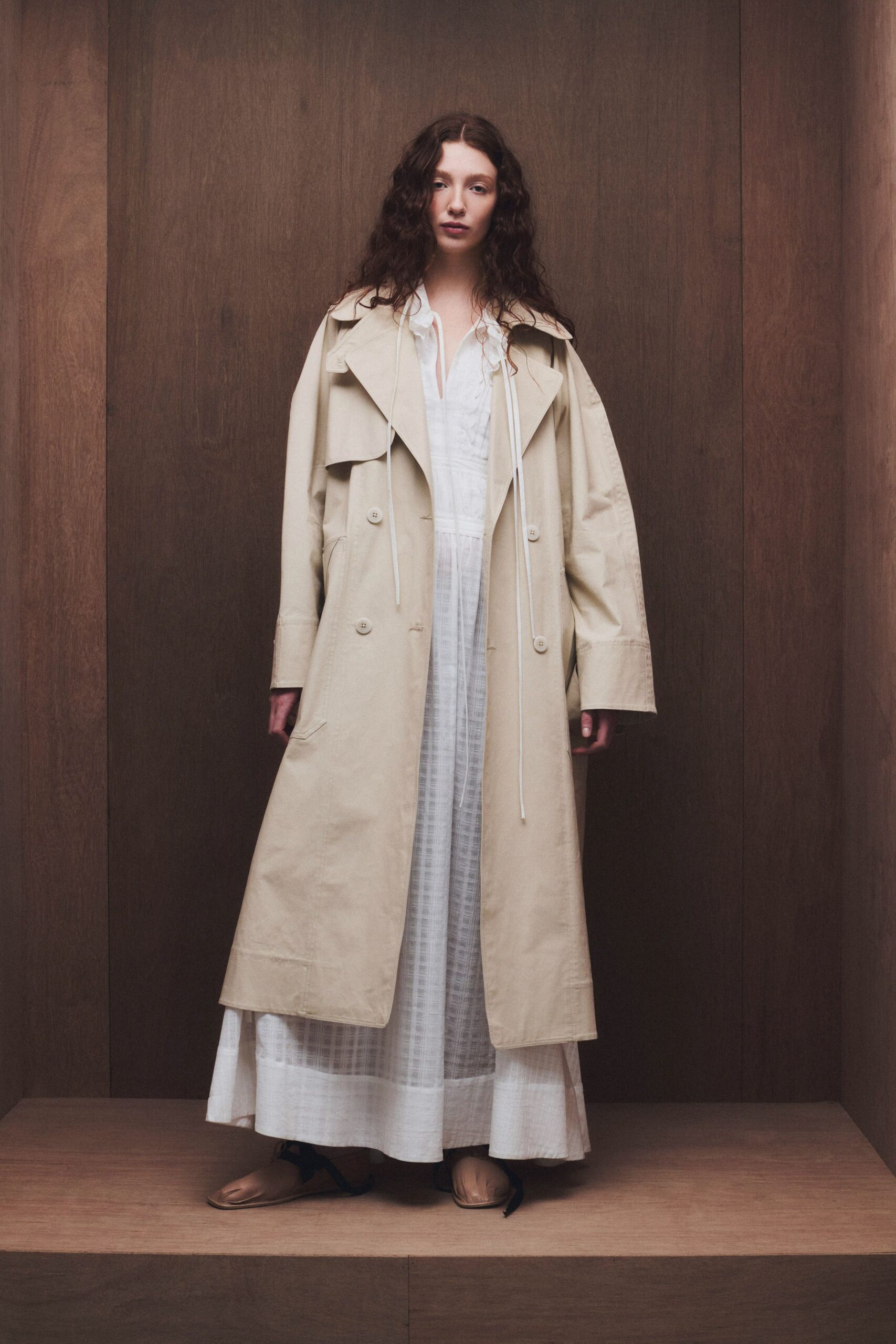 beige cotton long-sleeve collared relaxed buttoned maxi trench