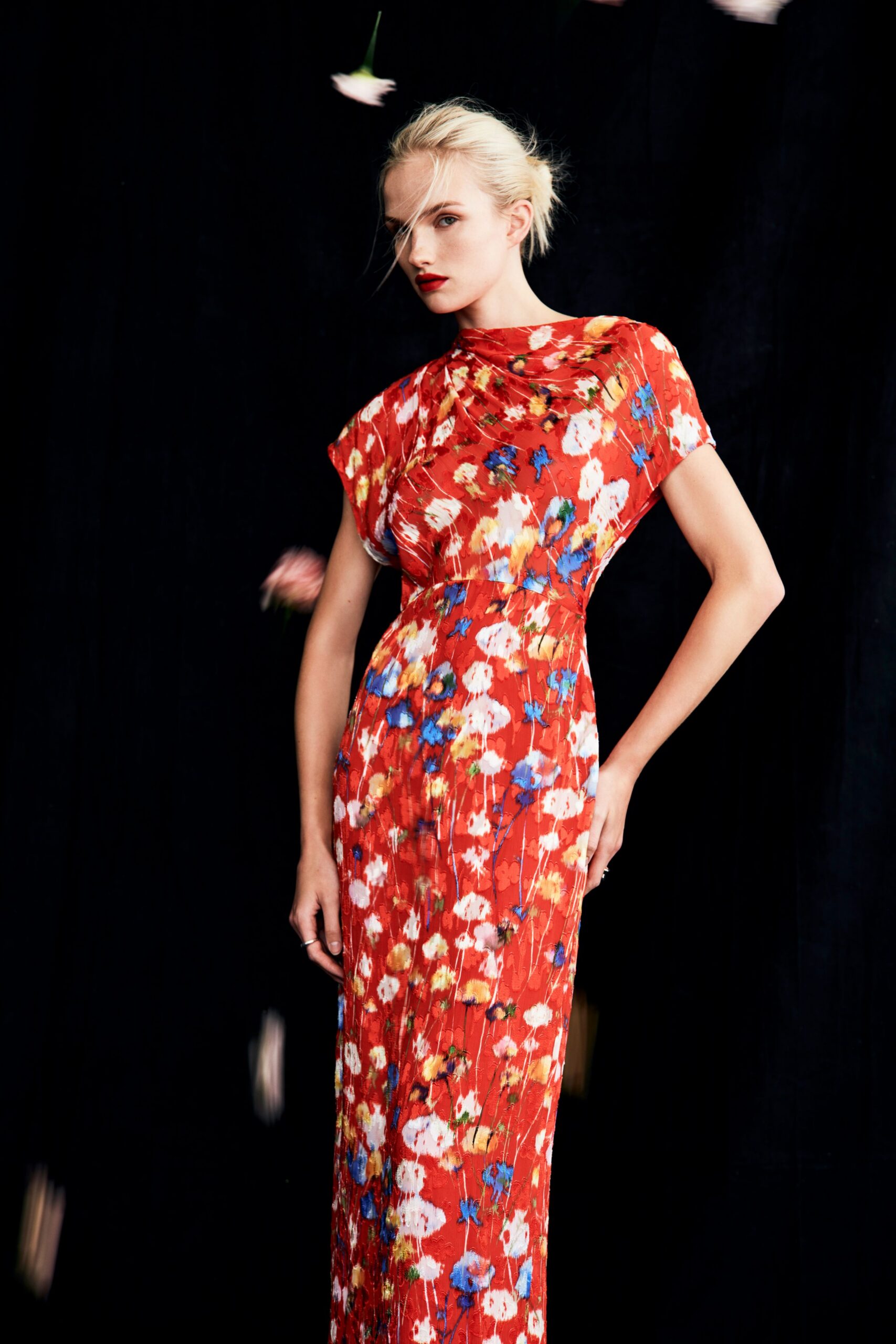 red floral silk gown