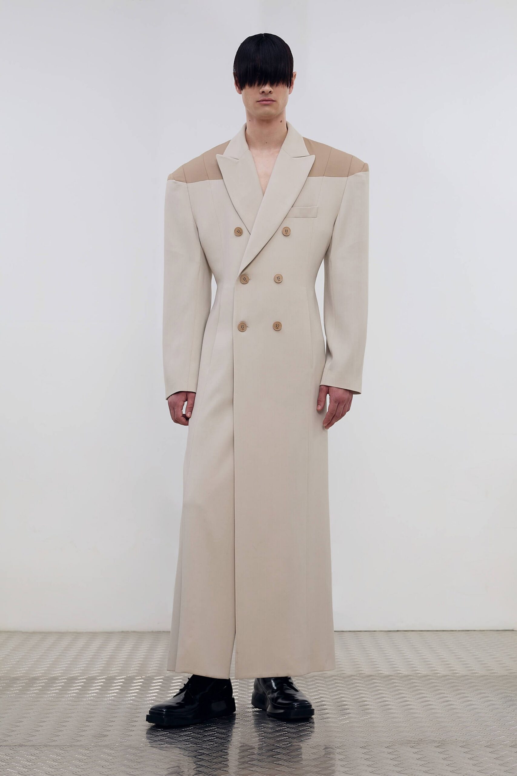 beige cotton long-sleeve collared structured buttoned maxi coat