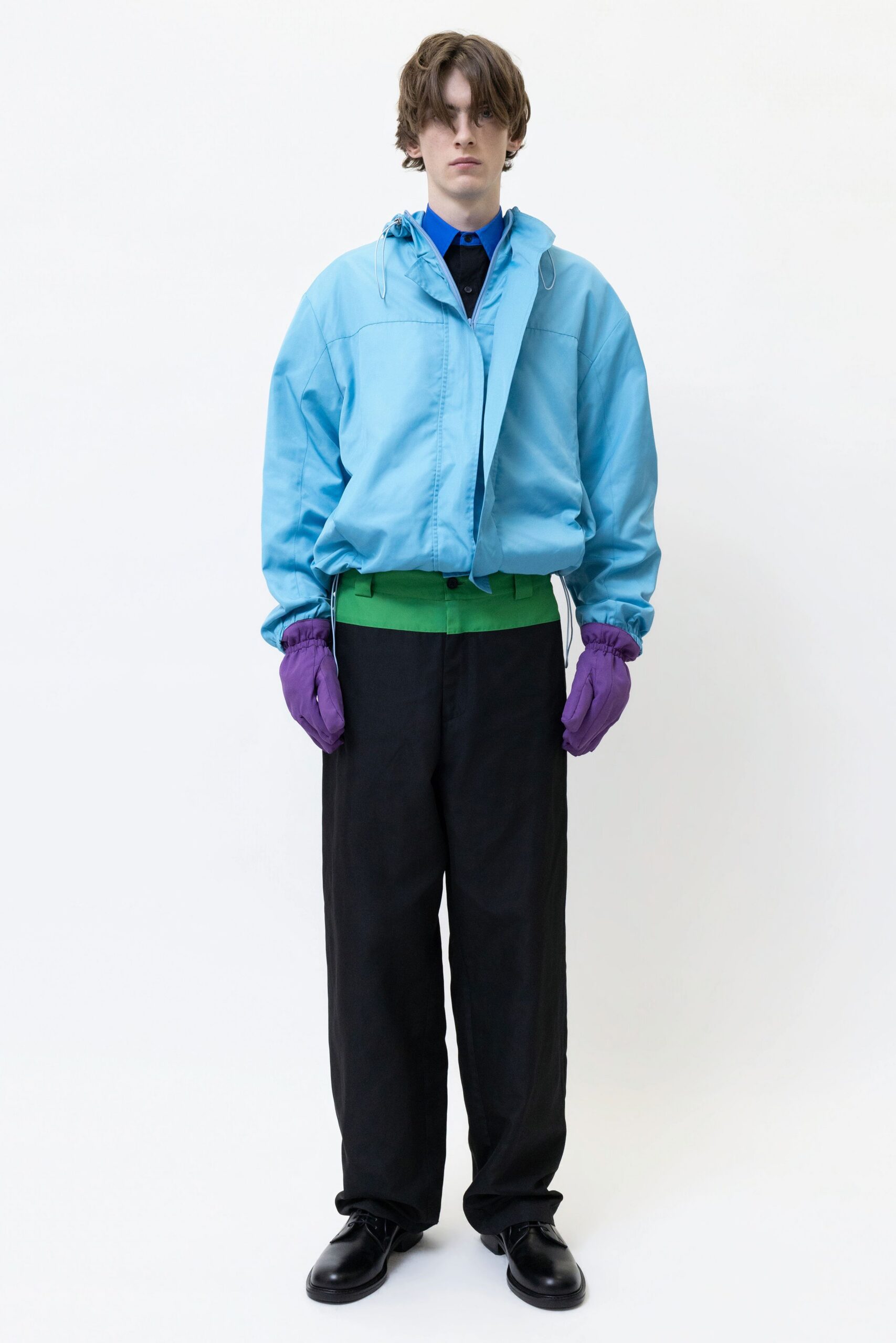 blue relaxed jacket with black pants