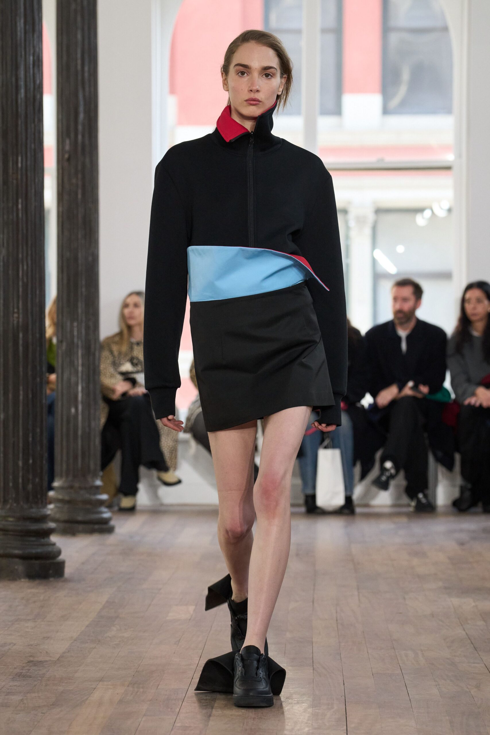 black color-blocked top and mini skirt
