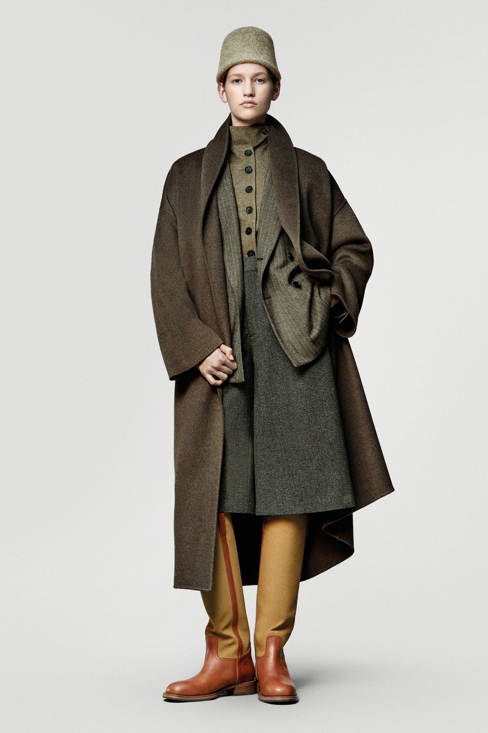 gray wool long-sleeve collared fitted buttoned midi dress