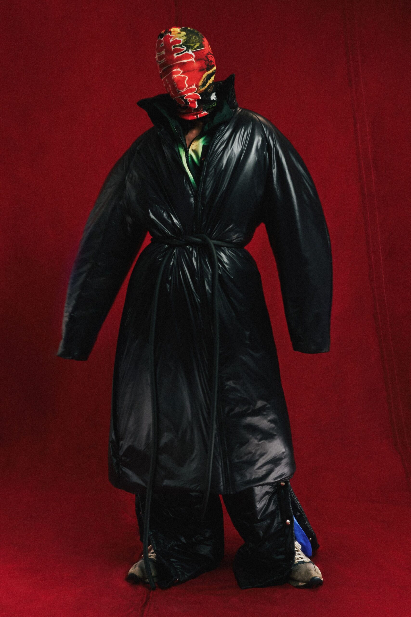 black vinyl long-sleeve collared oversized belted maxi coat