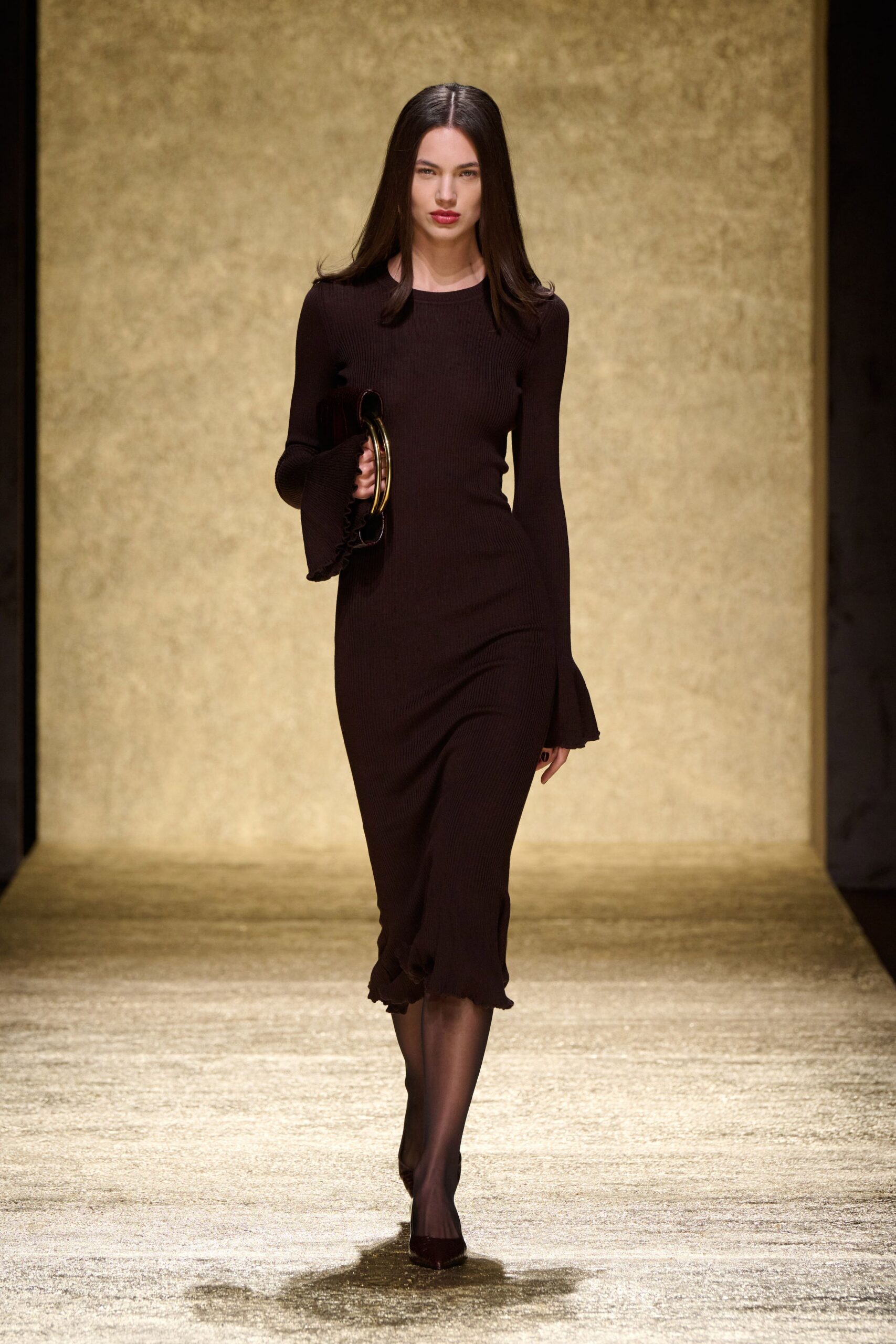 fitted brown midi dress