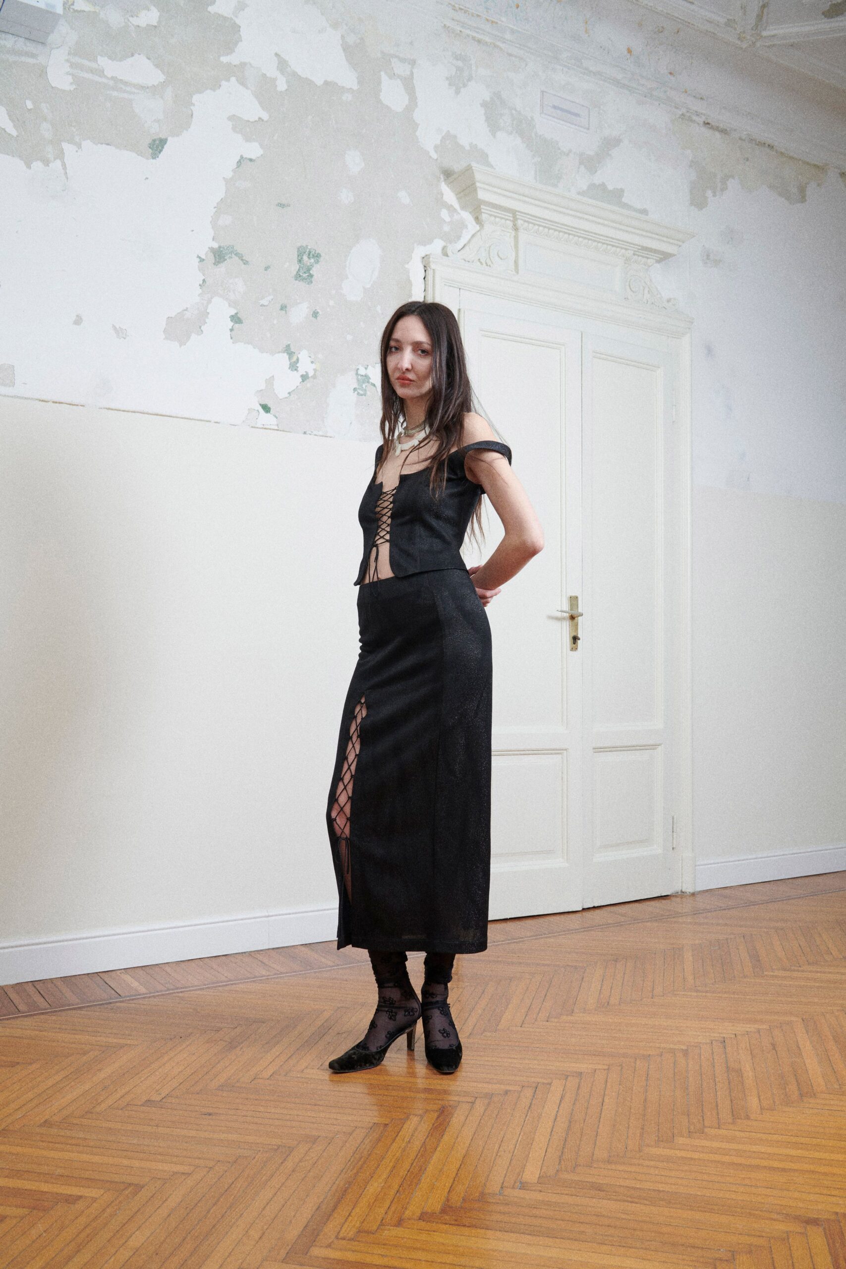 black fitted top and skirt