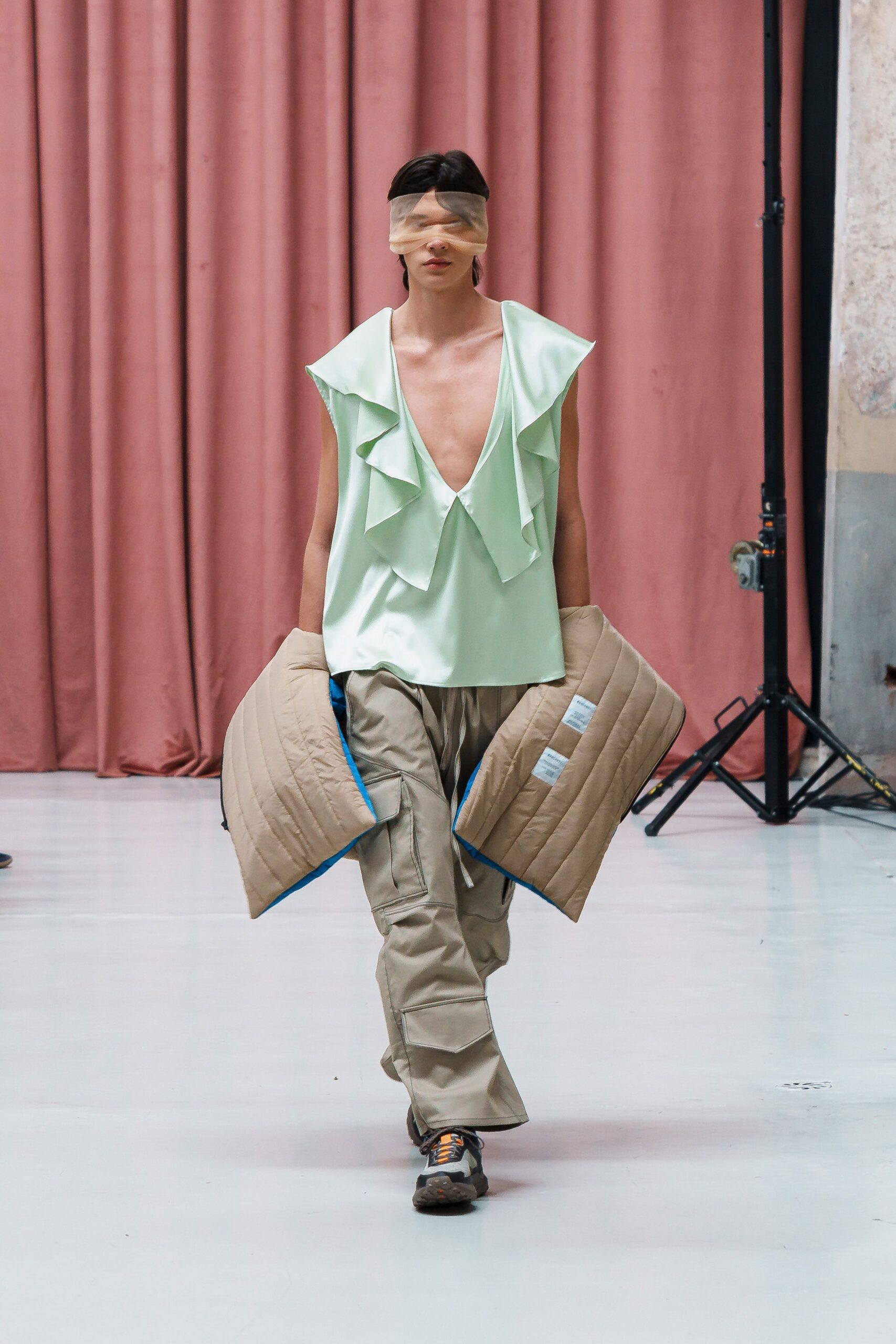 green silk sleeveless v-neck relaxed ruffled top