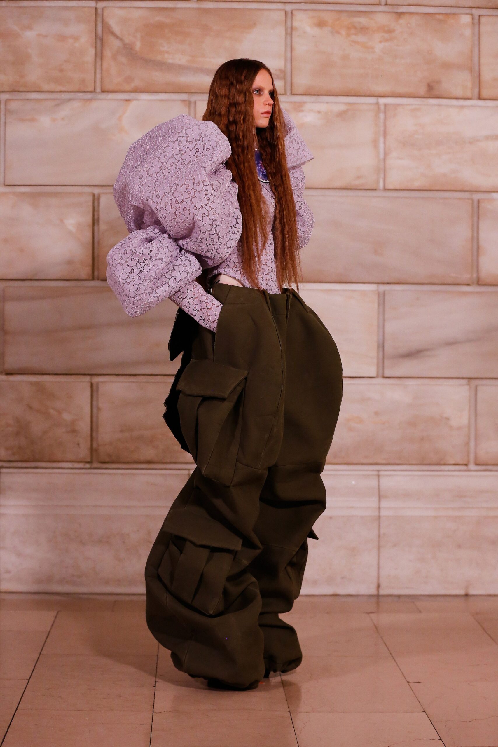purple lace long-sleeve high-neck relaxed padded top