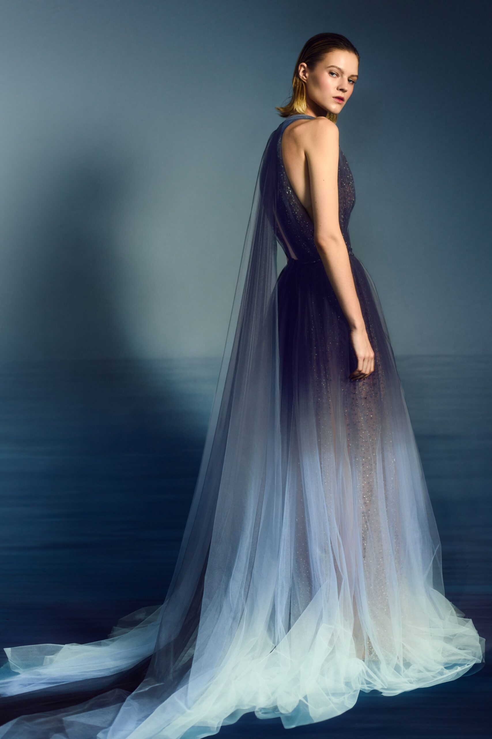 blue and white flowing gown