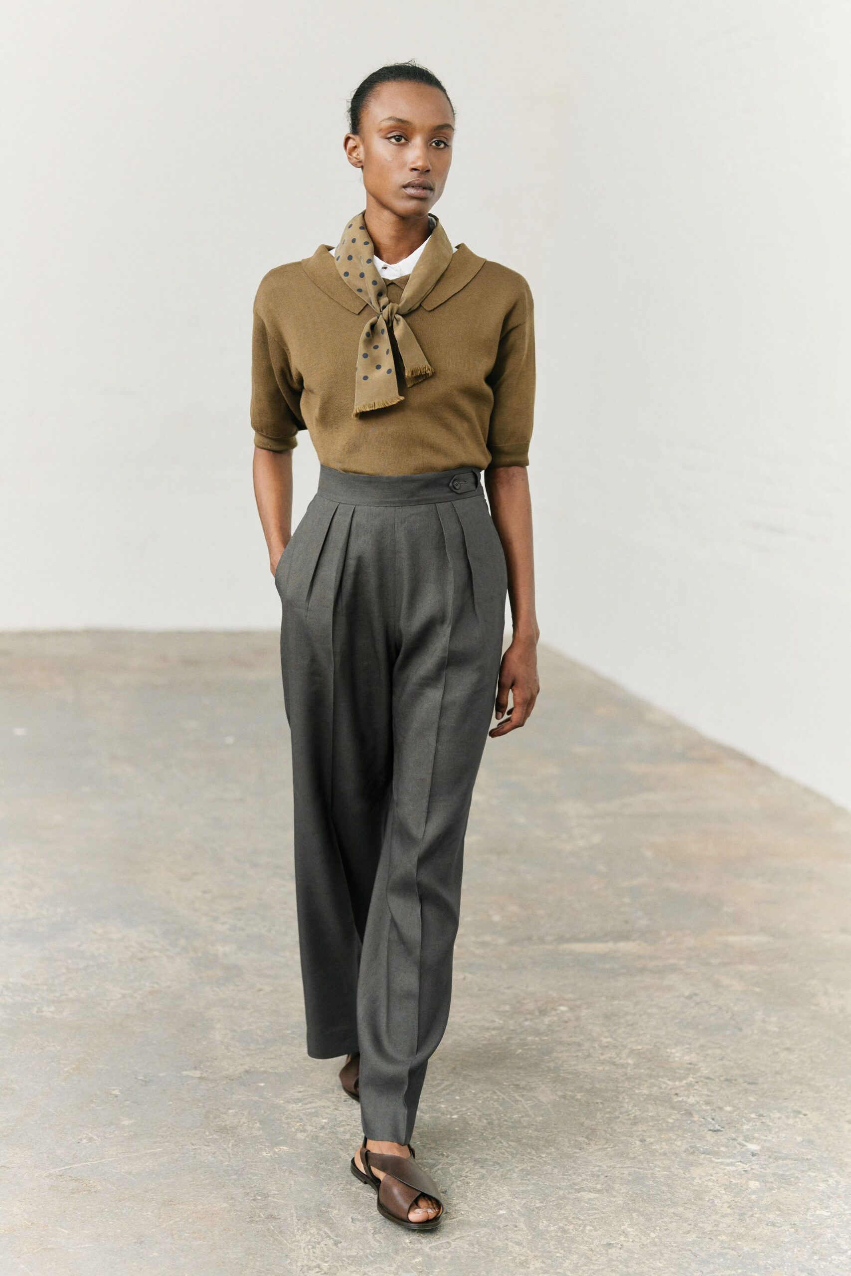 gray wool tailored high-waisted pleated pants