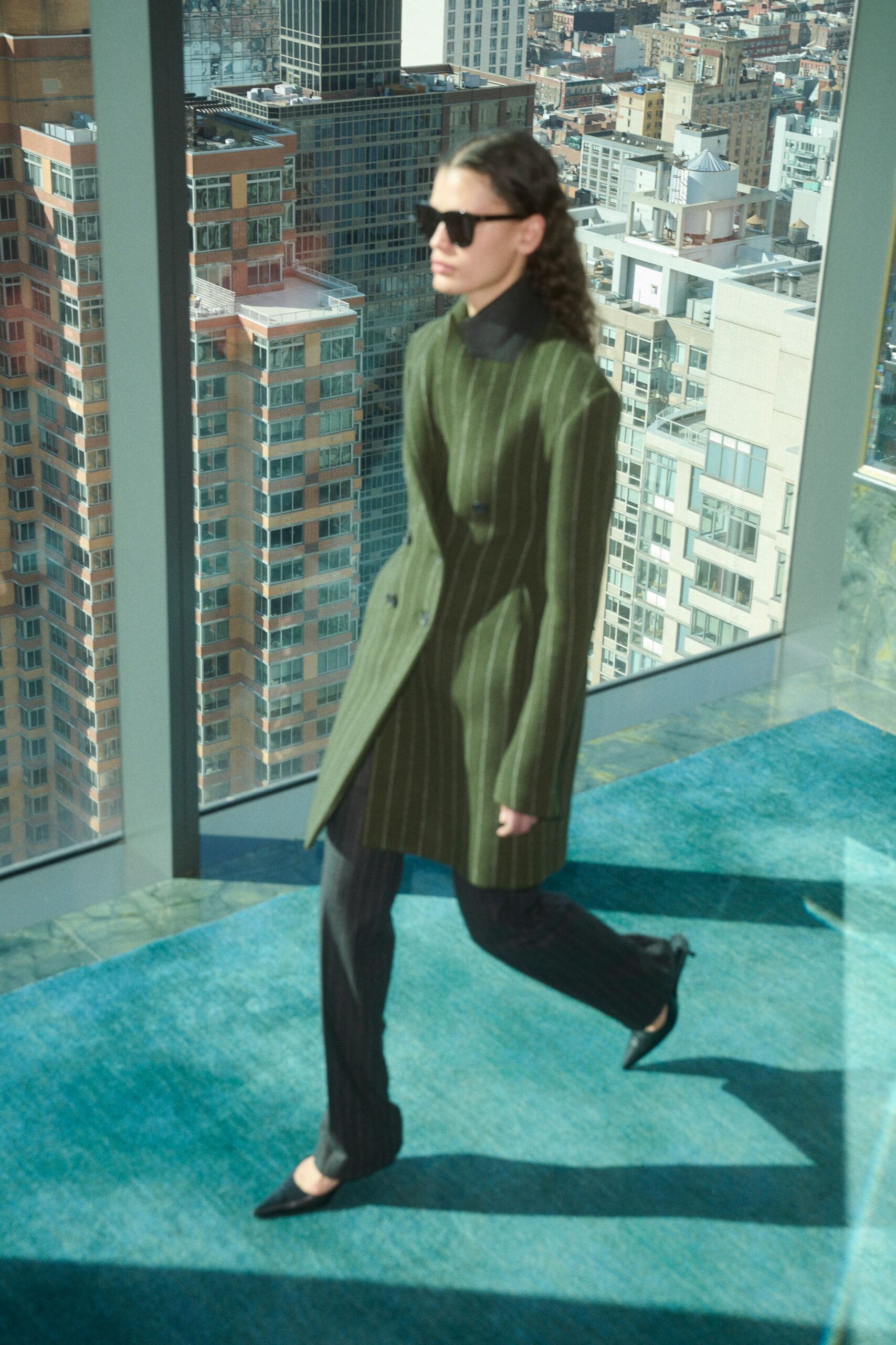 green wool long-sleeve collared structured striped coat