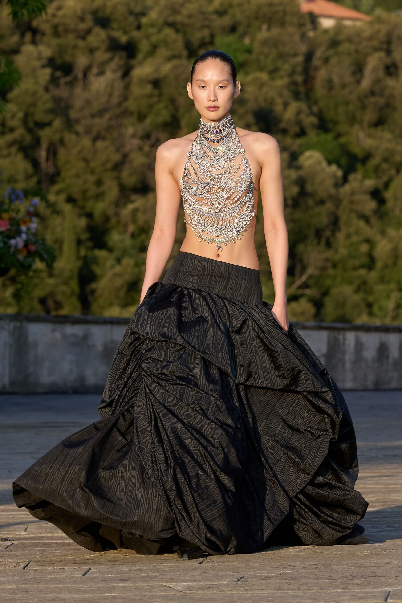 gray metallic sleeveless high-neck fitted beaded top