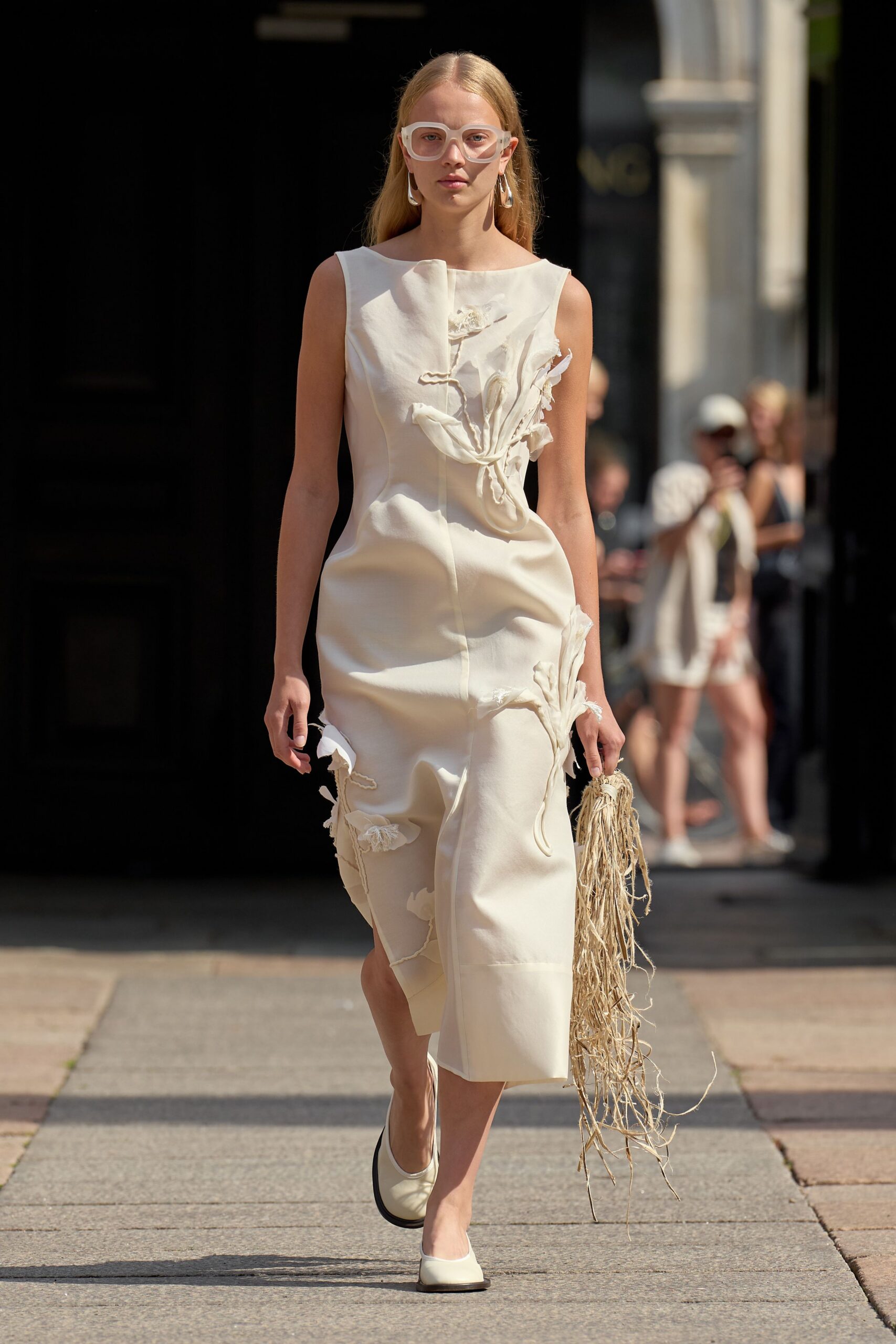 white fitted midi dress with embroidery