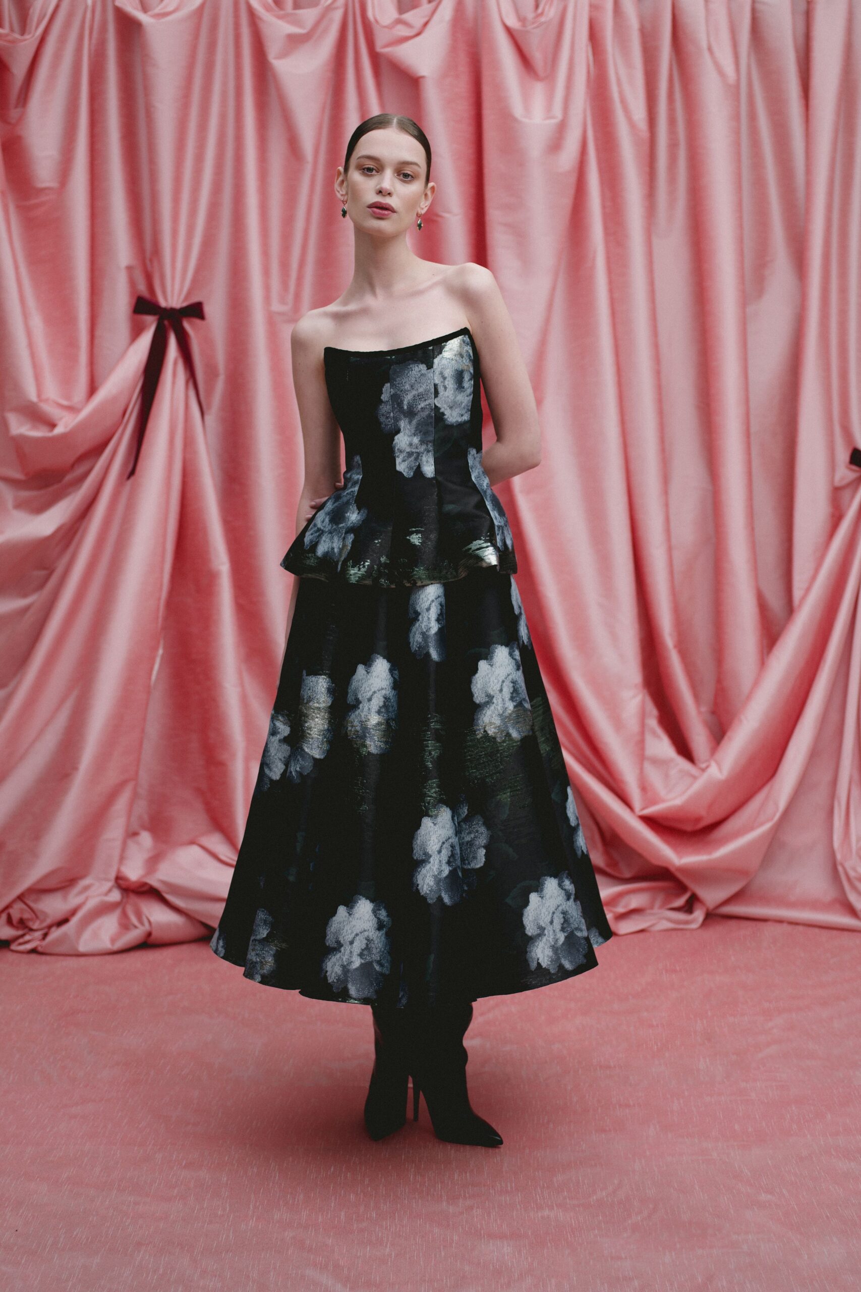 black silk strapless fitted flared pleated maxi gown