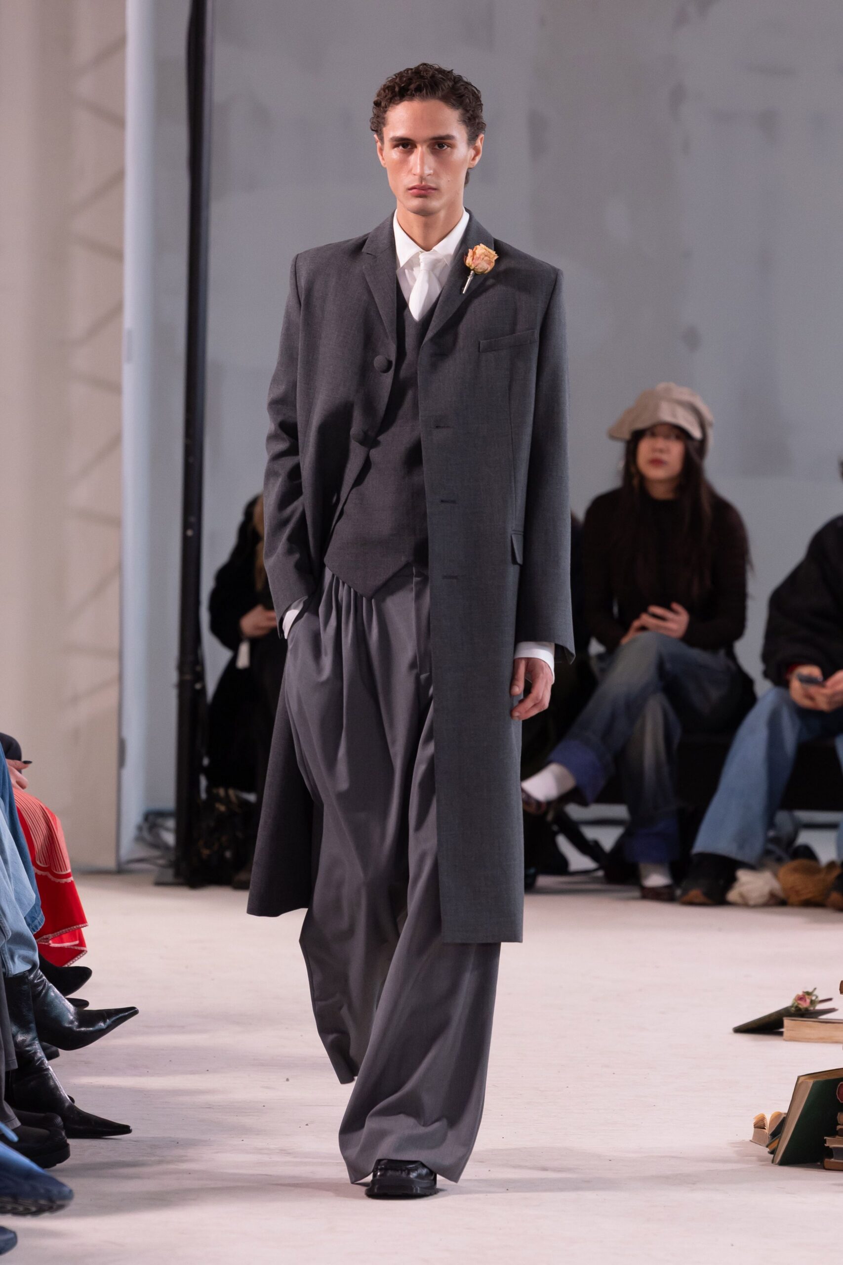 gray tailored suit with wide-leg pants