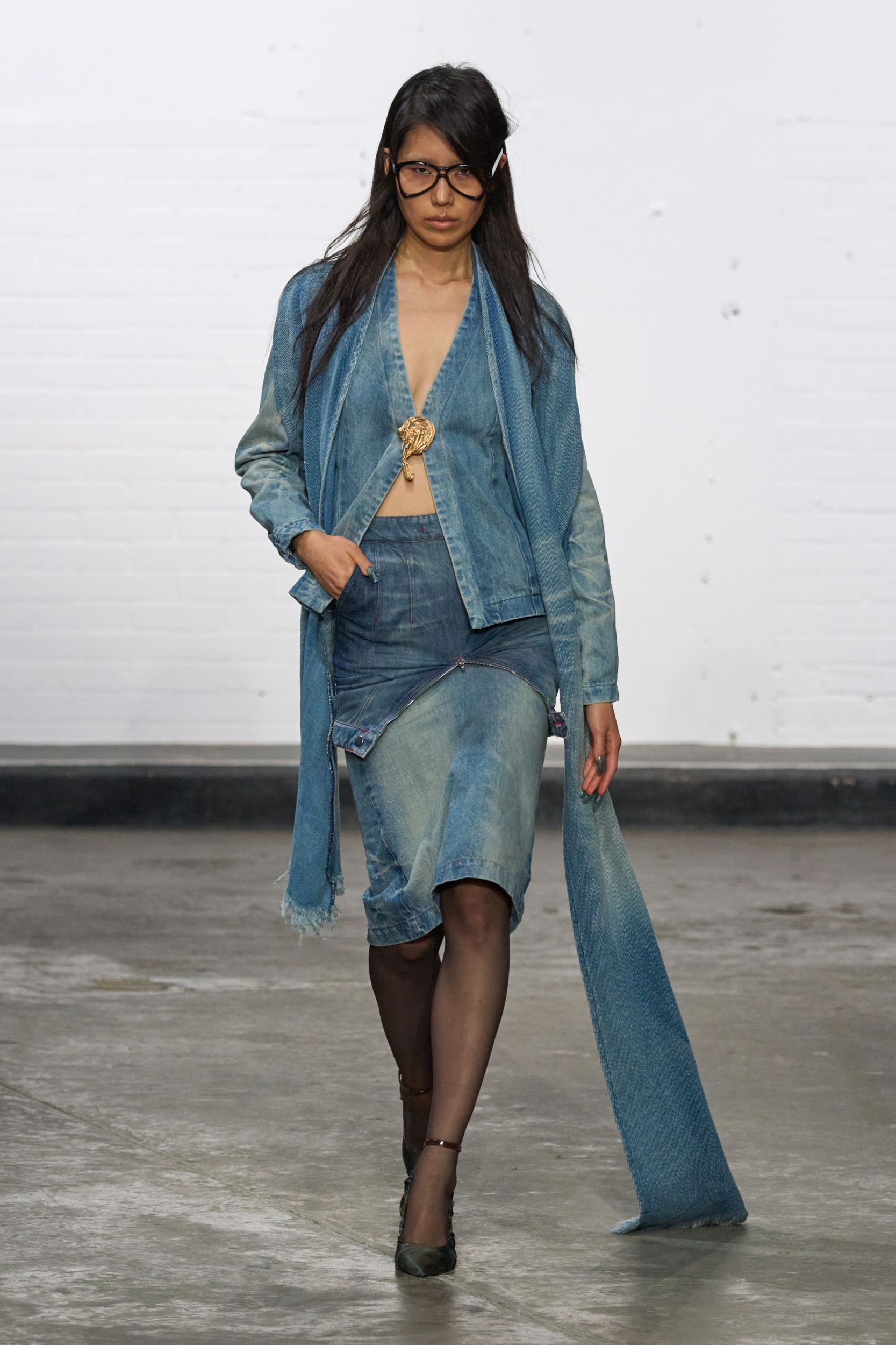 blue denim asymmetric fitted skirt