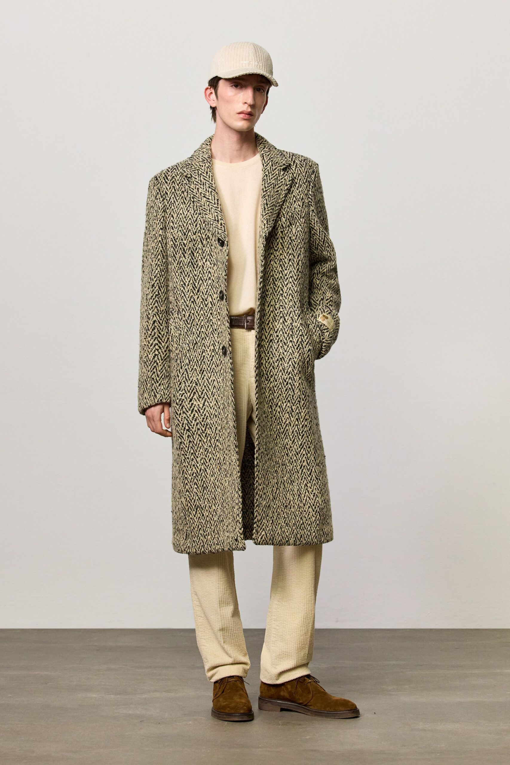 beige checked coat with brown shoes