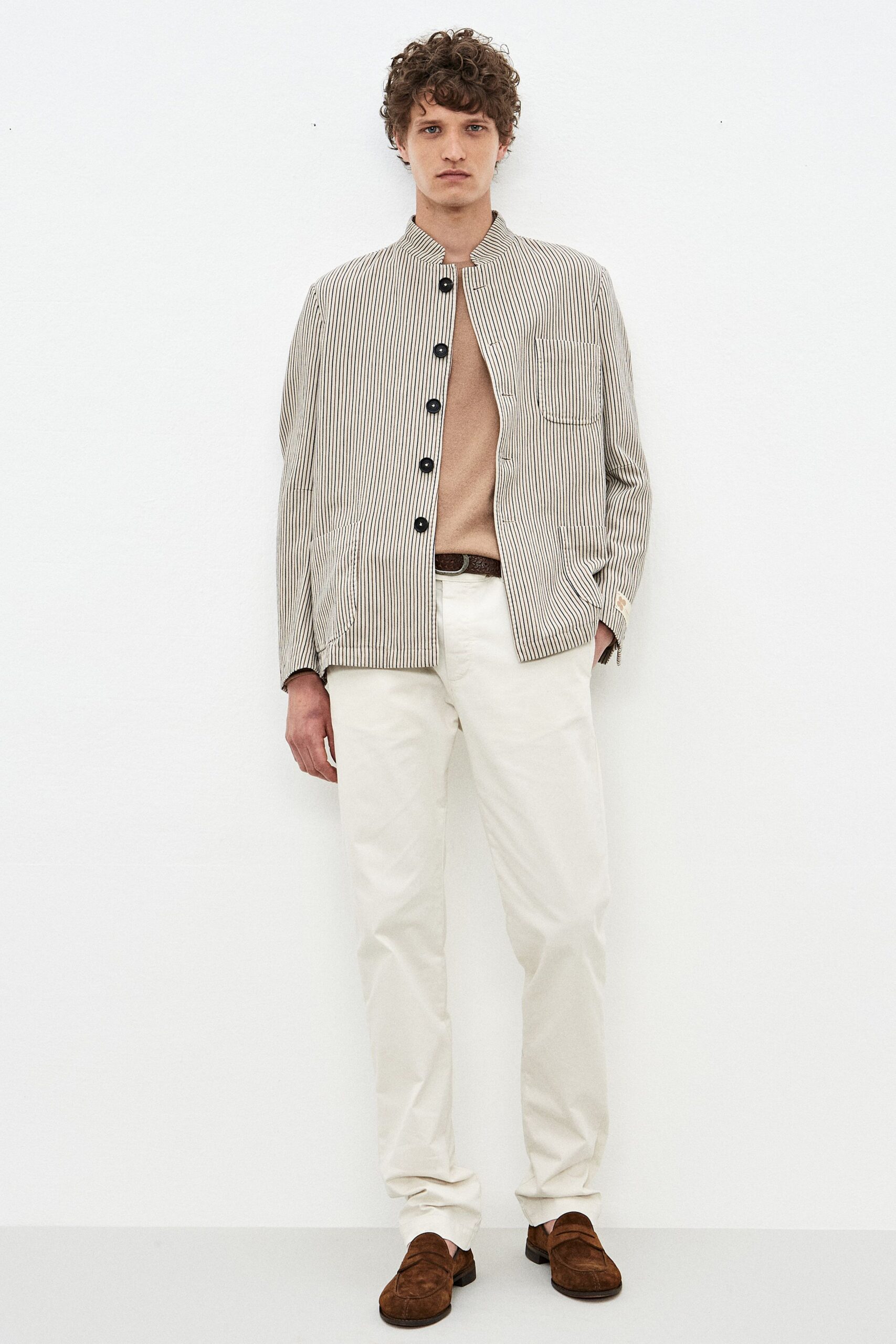 striped jacket with beige top