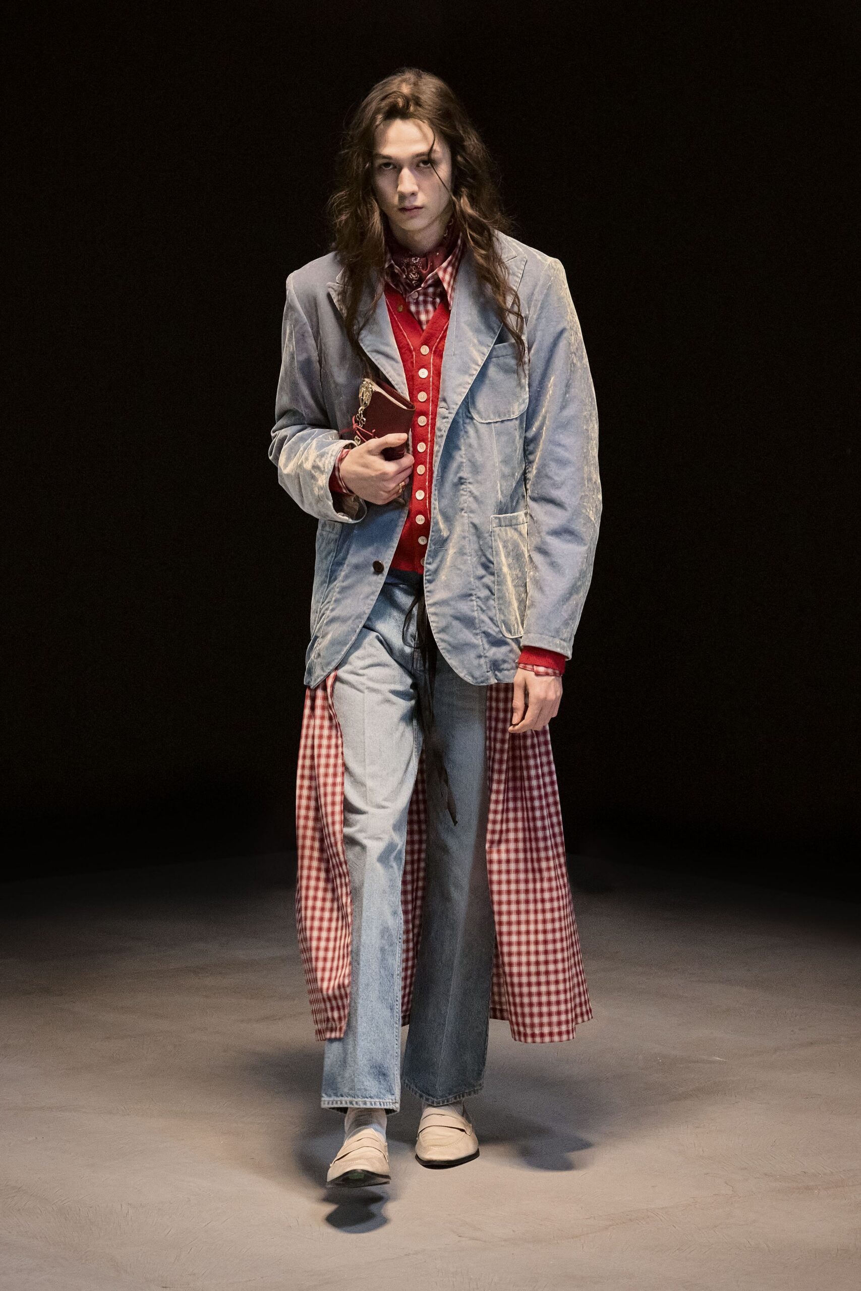 blue denim long-sleeve collared relaxed layered coat