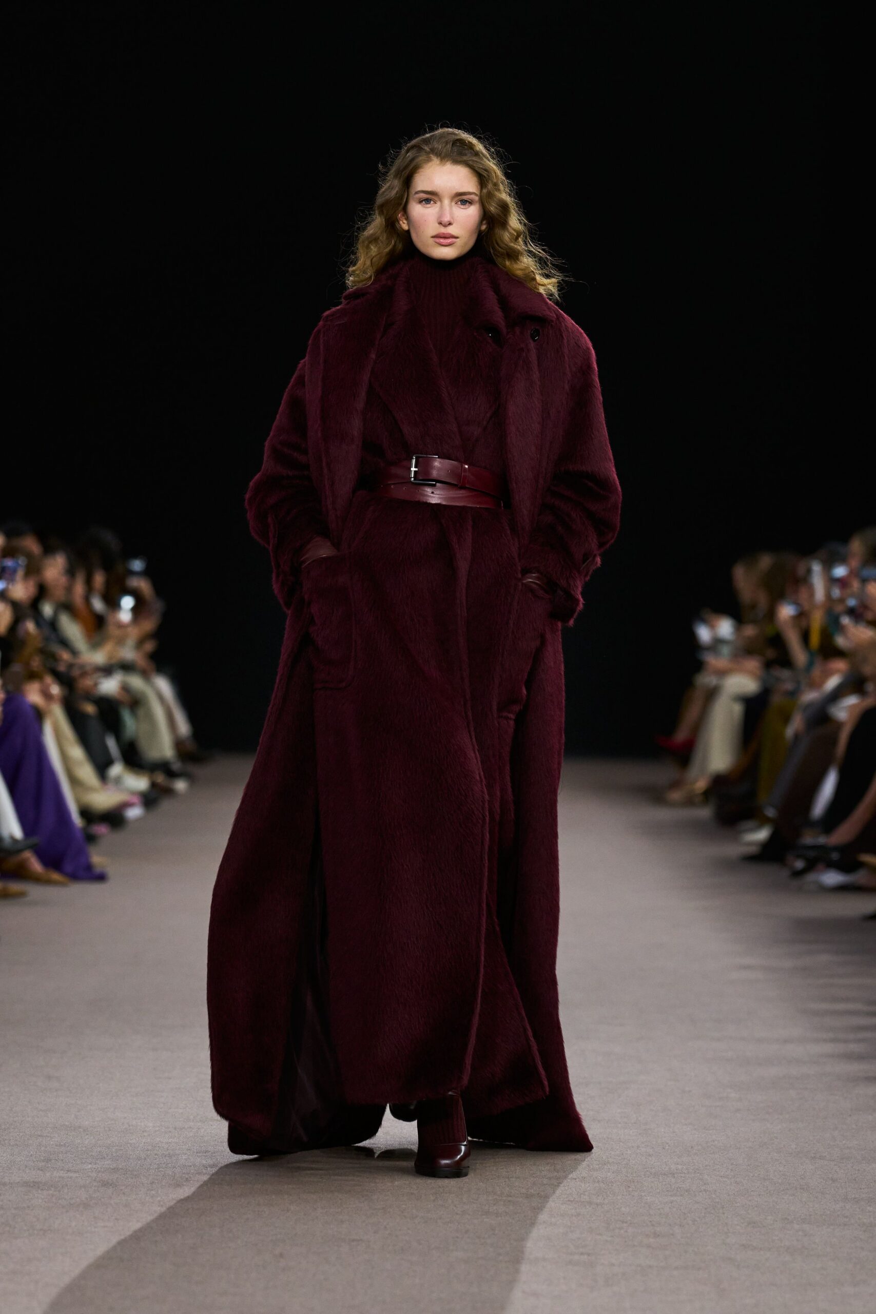 maroon faux-fur long-sleeve collared relaxed belted maxi coat