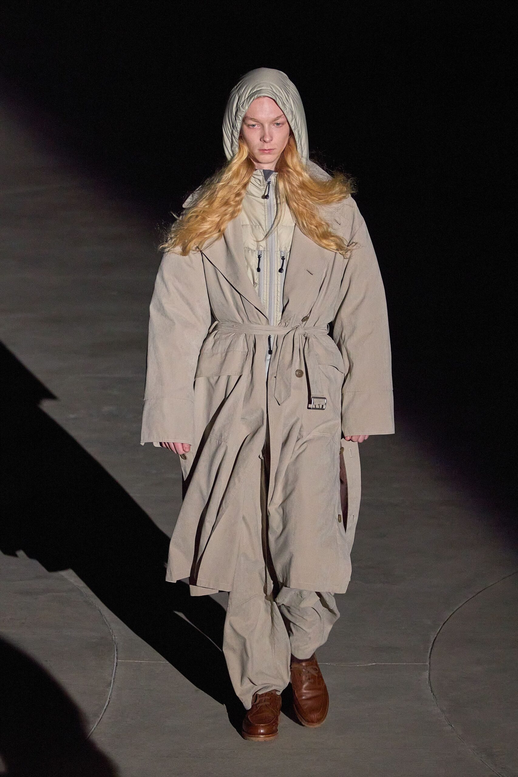 beige coat with gray hoodie