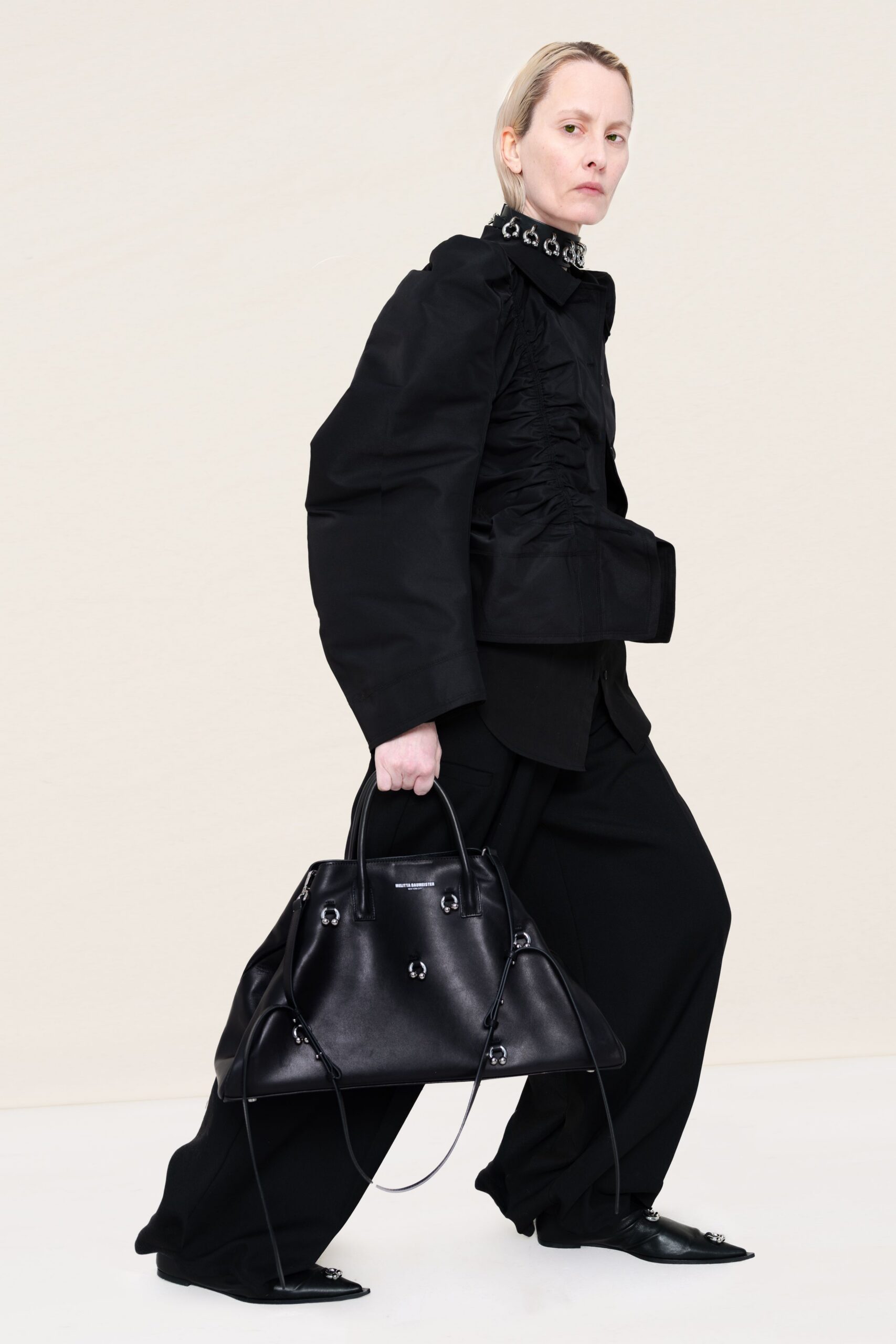 black cotton long-sleeve collared oversized ruched jacket