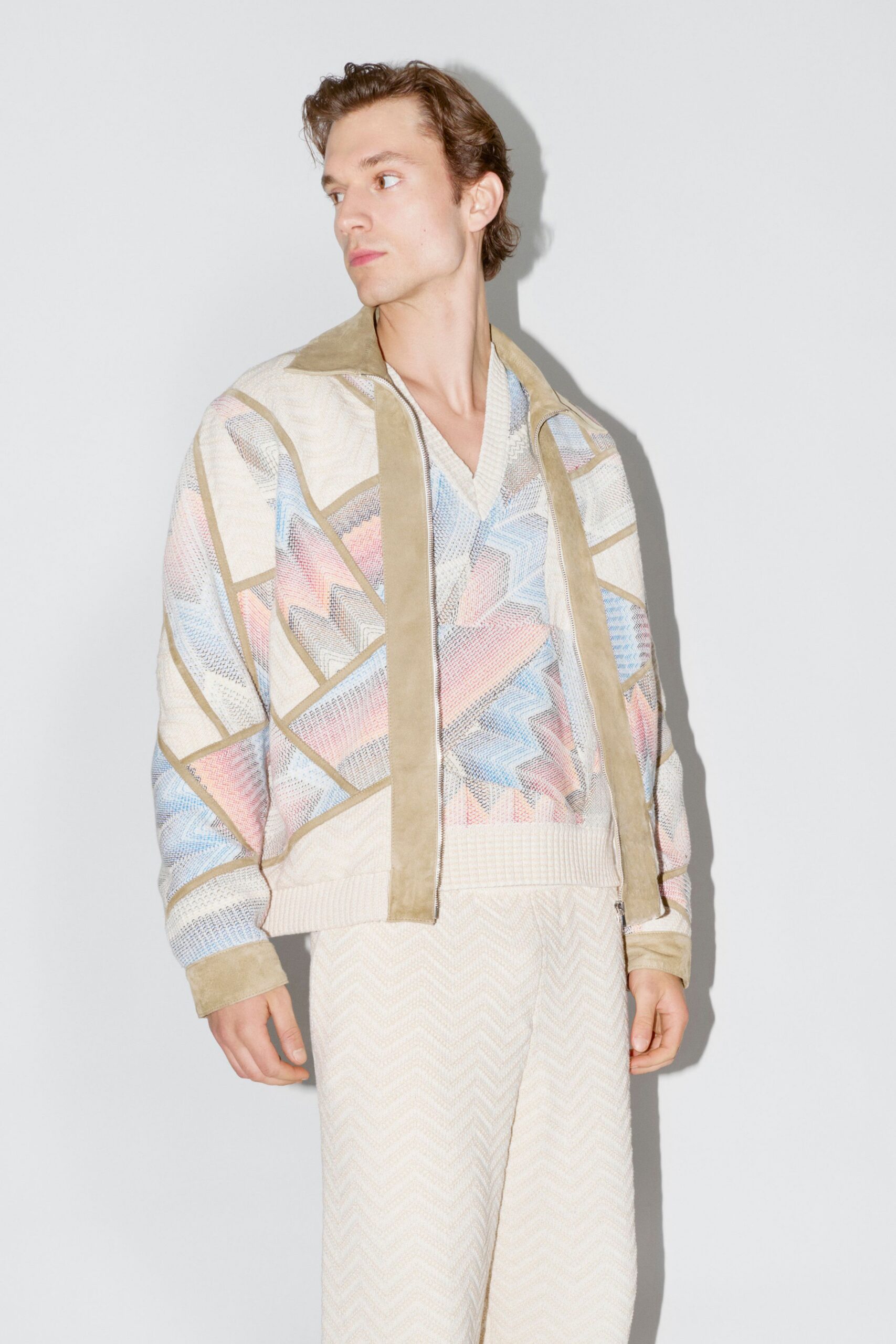 multi cotton long-sleeve v-neck relaxed color-blocked jacket