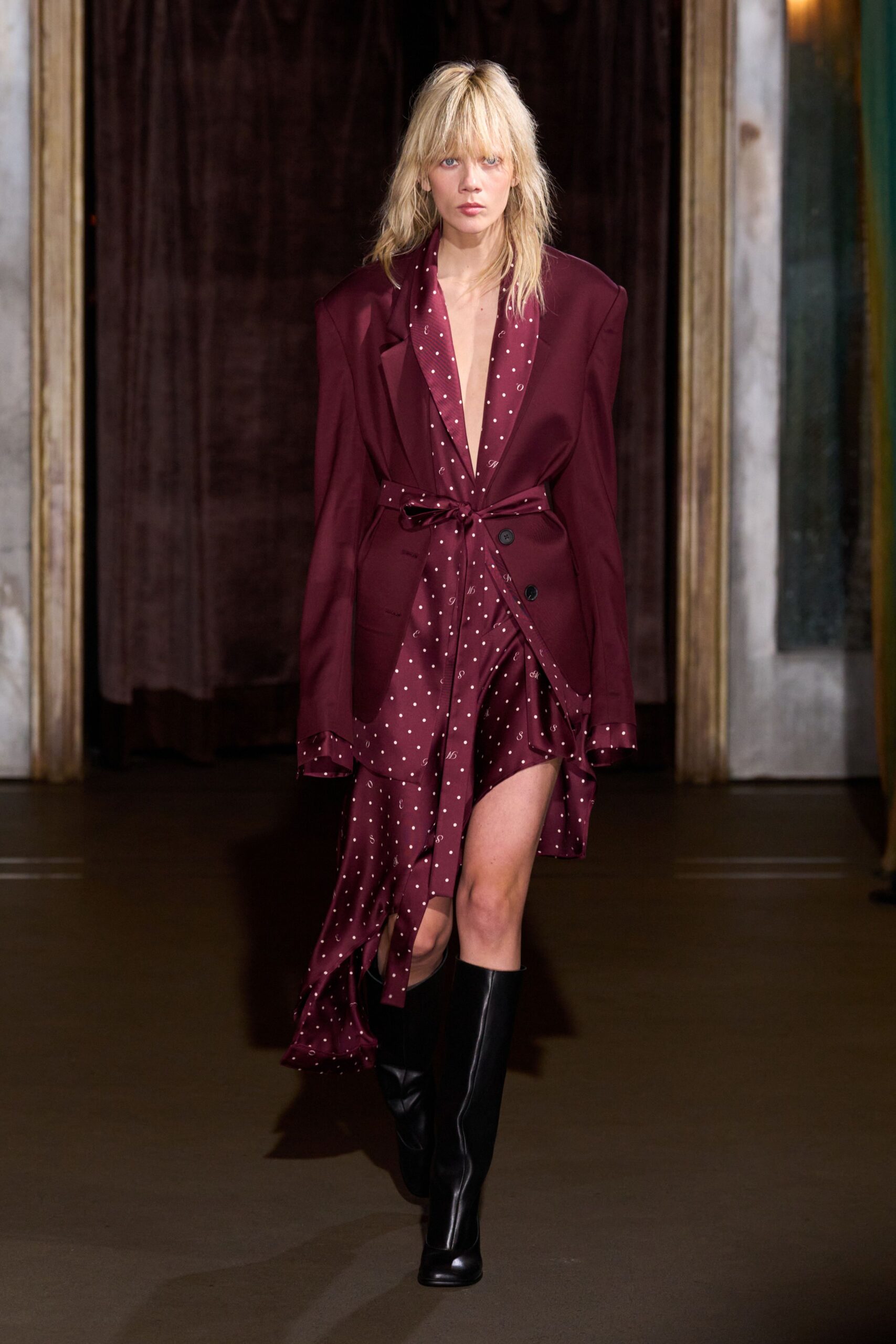 maroon silk long-sleeve v-neck fitted polka-dot belted dress