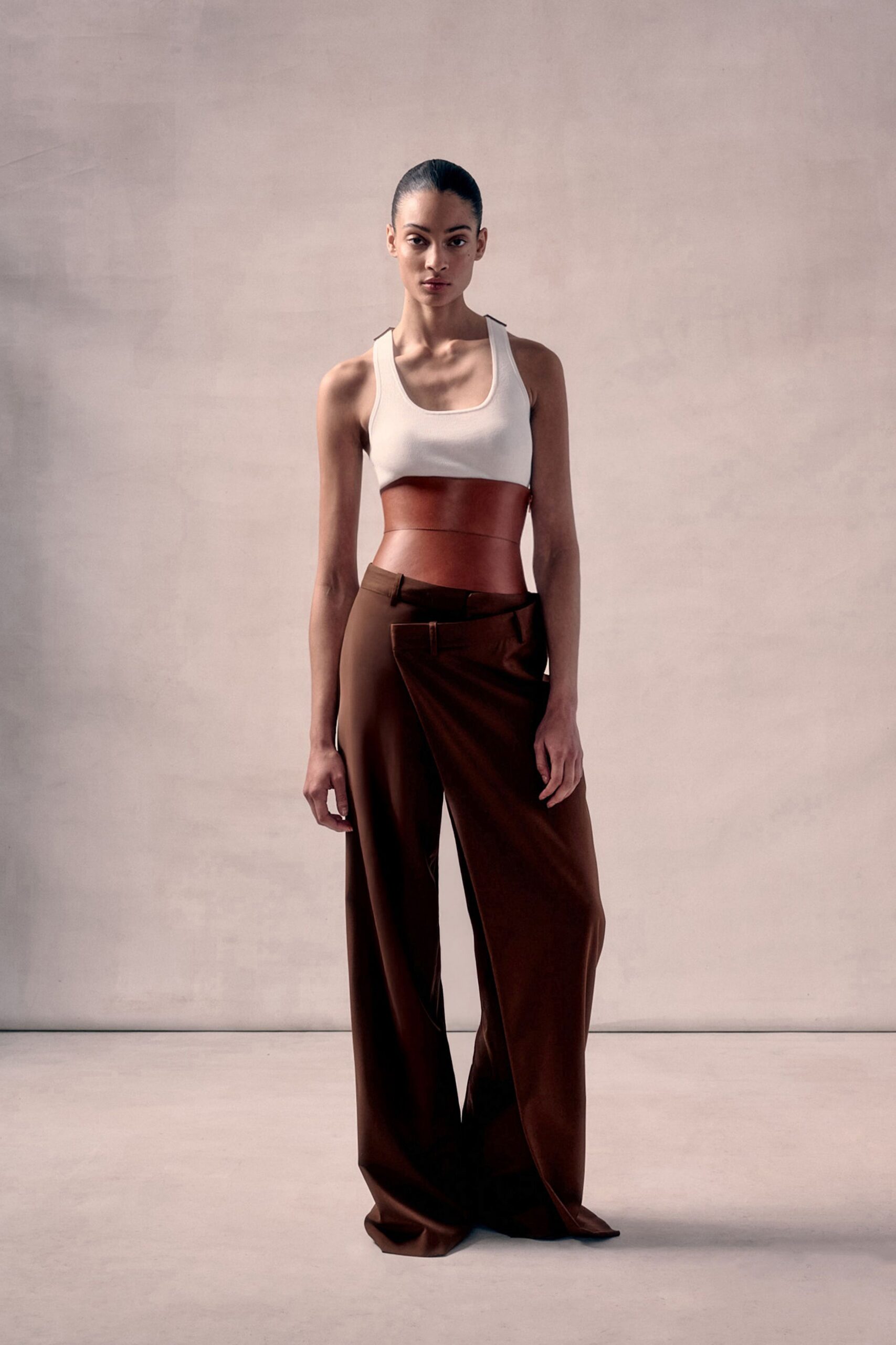 brown wool asymmetric relaxed high-waisted pleated pants